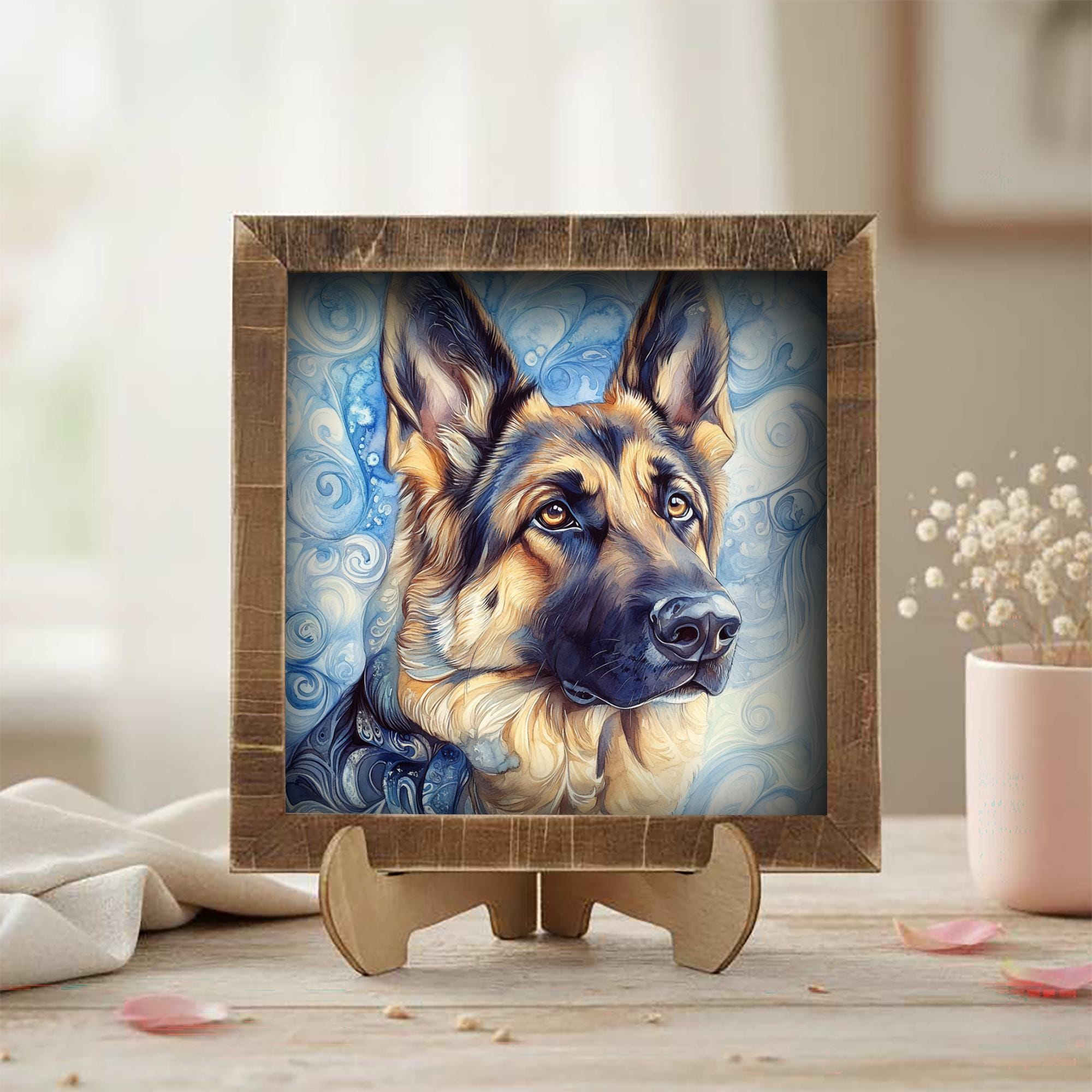 Black and tan German Shepherd Dog Framed Art, Watercolor German Shepherd Portrait, 5.5 Inch Shelf Decor with Easel, Dog Lover Gift