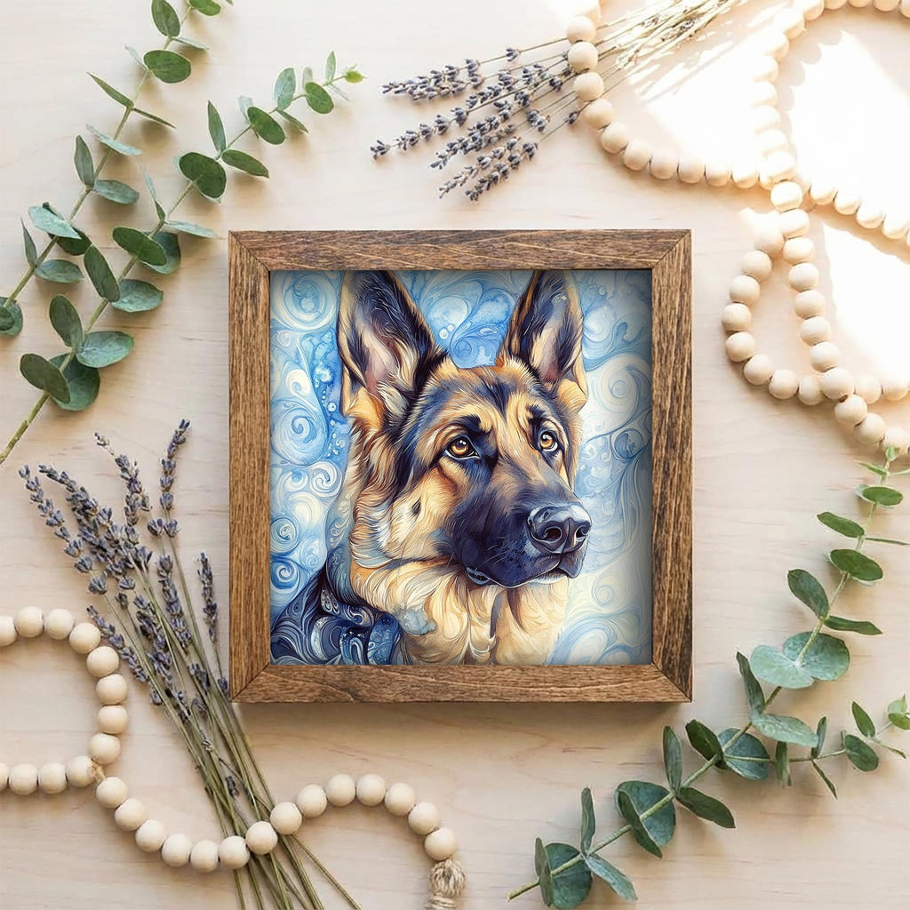 Black and tan German Shepherd Dog Framed Art, Watercolor German Shepherd Portrait, 5.5 Inch Shelf Decor with Easel, Dog Lover Gift