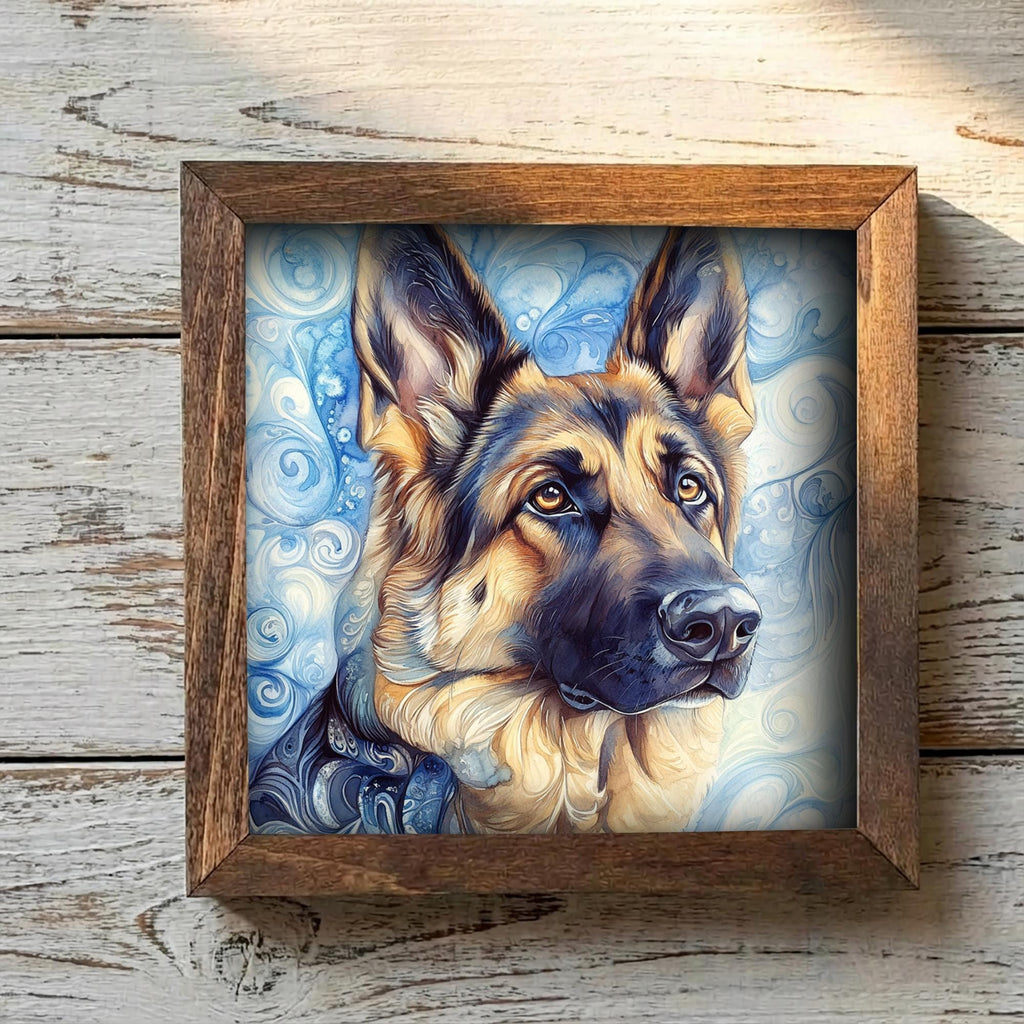 Black and tan German Shepherd Dog Framed Art, Watercolor German Shepherd Portrait, 5.5 Inch Shelf Decor with Easel, Dog Lover Gift