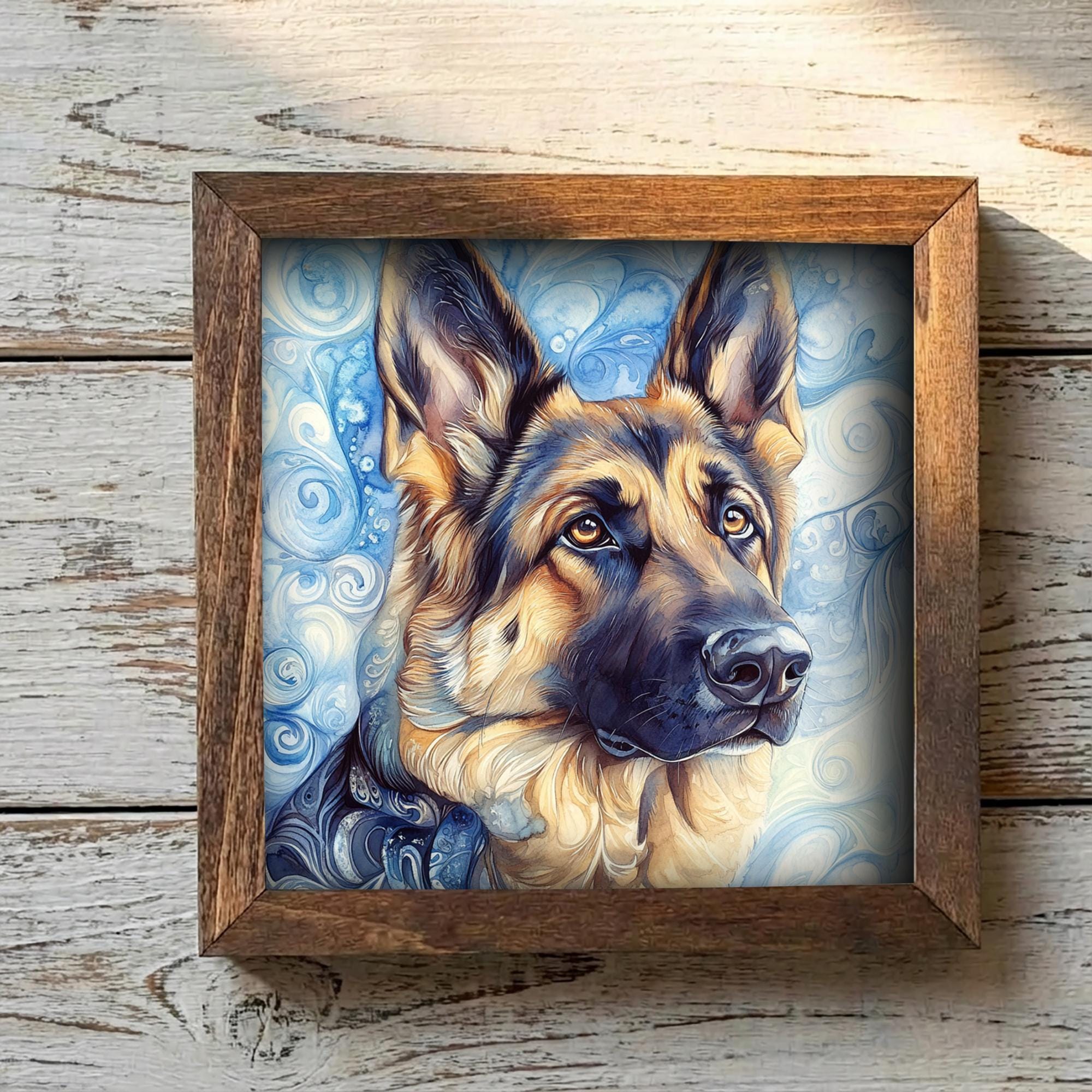 Black and tan German Shepherd Dog Framed Art, Watercolor German Shepherd Portrait, 5.5 Inch Shelf Decor with Easel, Dog Lover Gift