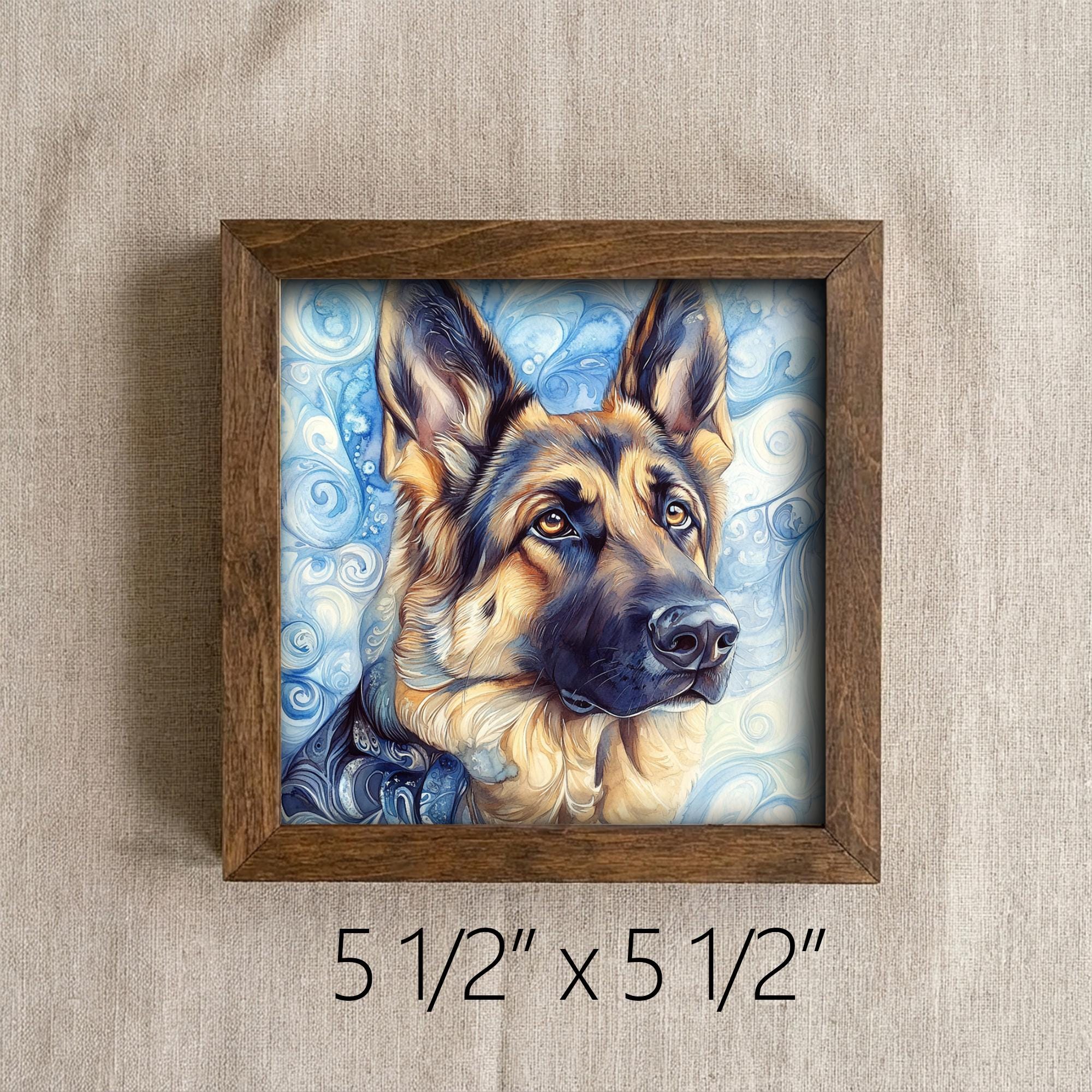 Black and tan German Shepherd Dog Framed Art, Watercolor German Shepherd Portrait, 5.5 Inch Shelf Decor with Easel, Dog Lover Gift