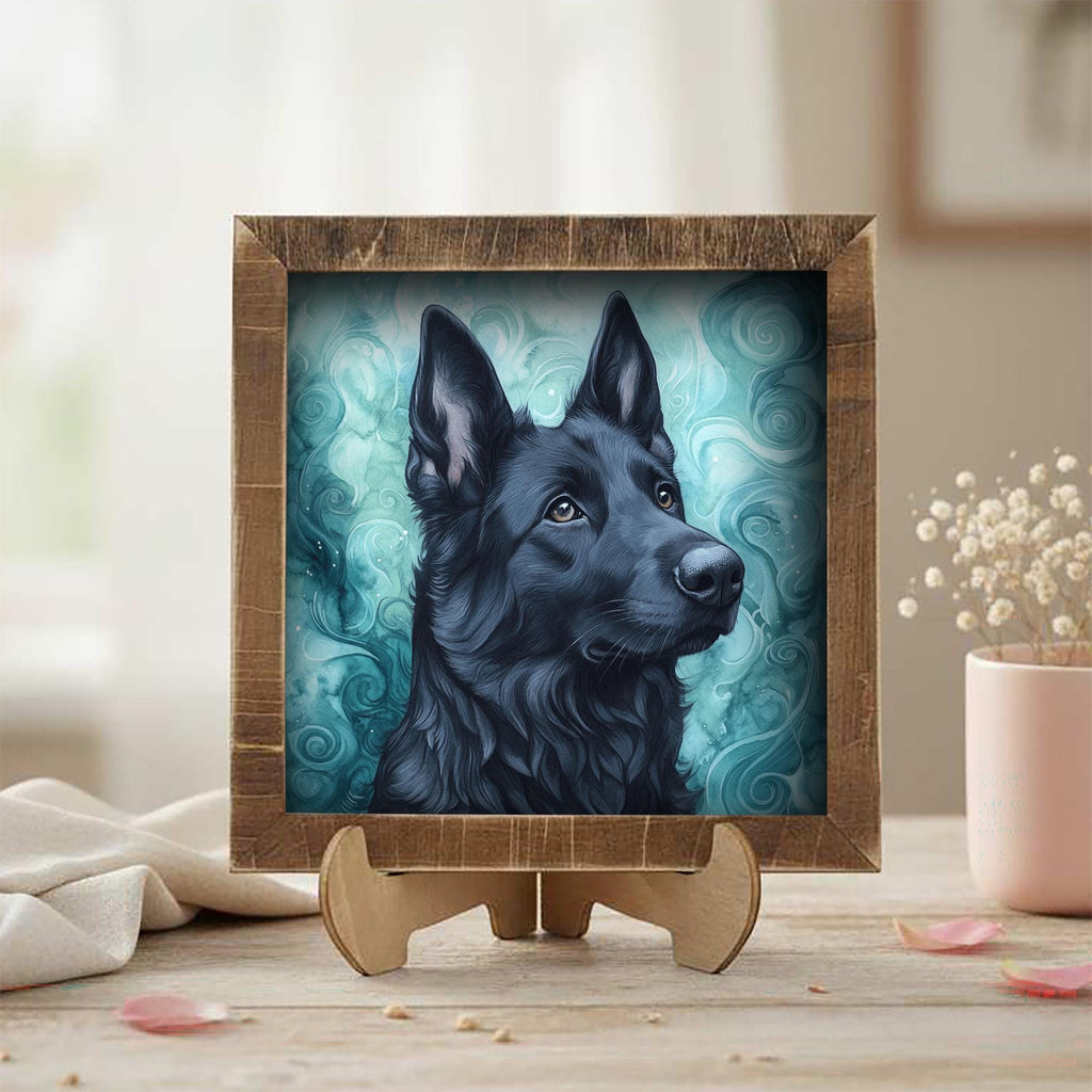 Solid black German Shepherd Dog Framed Art, Watercolor German Shepherd Portrait, 5.5 Inch Shelf Decor with Easel, Dog Lover Gift