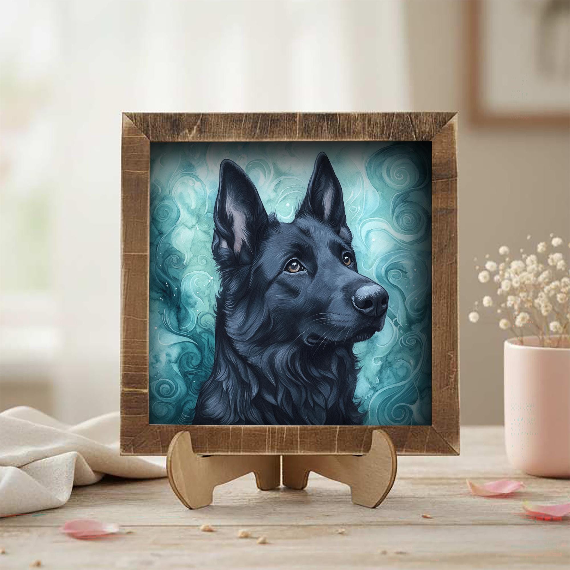Solid black German Shepherd Dog Framed Art, Watercolor German Shepherd Portrait, 5.5 Inch Shelf Decor with Easel, Dog Lover Gift