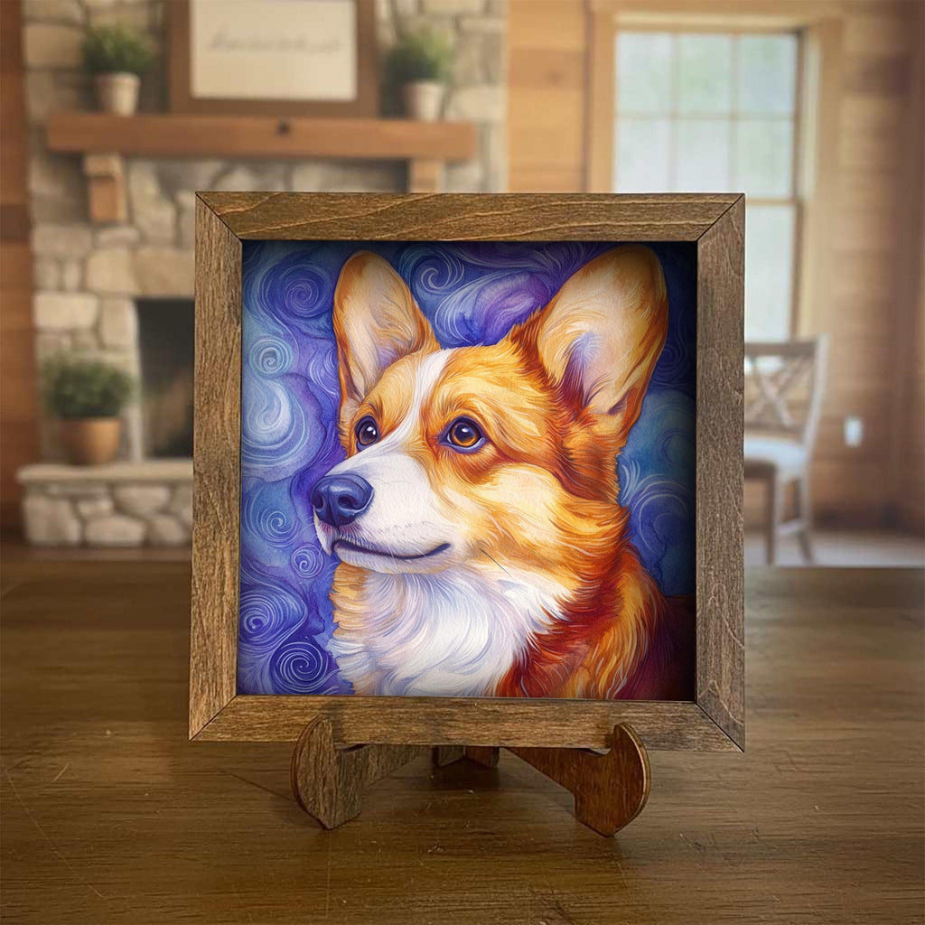 Red and white Corgi Dog Framed Art, Watercolor Corgi Portrait, 5.5 Inch Shelf Decor with Easel, Dog Lover Gift
