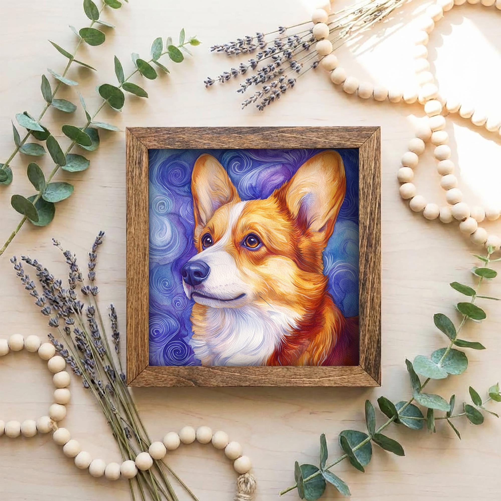 Red and white Corgi Dog Framed Art, Watercolor Corgi Portrait, 5.5 Inch Shelf Decor with Easel, Dog Lover Gift