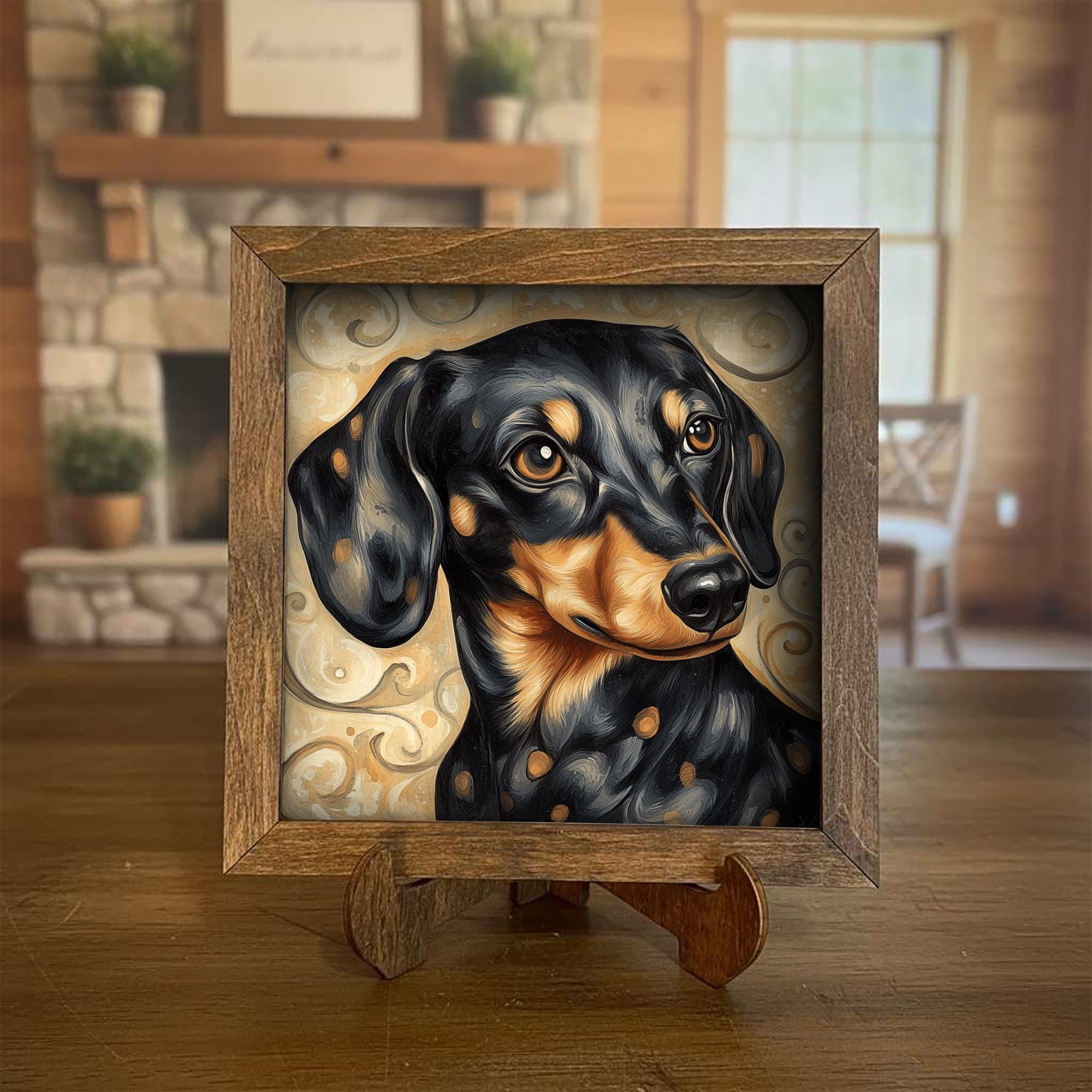 Black and tan Dachshund Dog Framed Art, Watercolor Dachshund Portrait, 5.5 Inch Shelf Decor with Easel, Dog Lover Gift