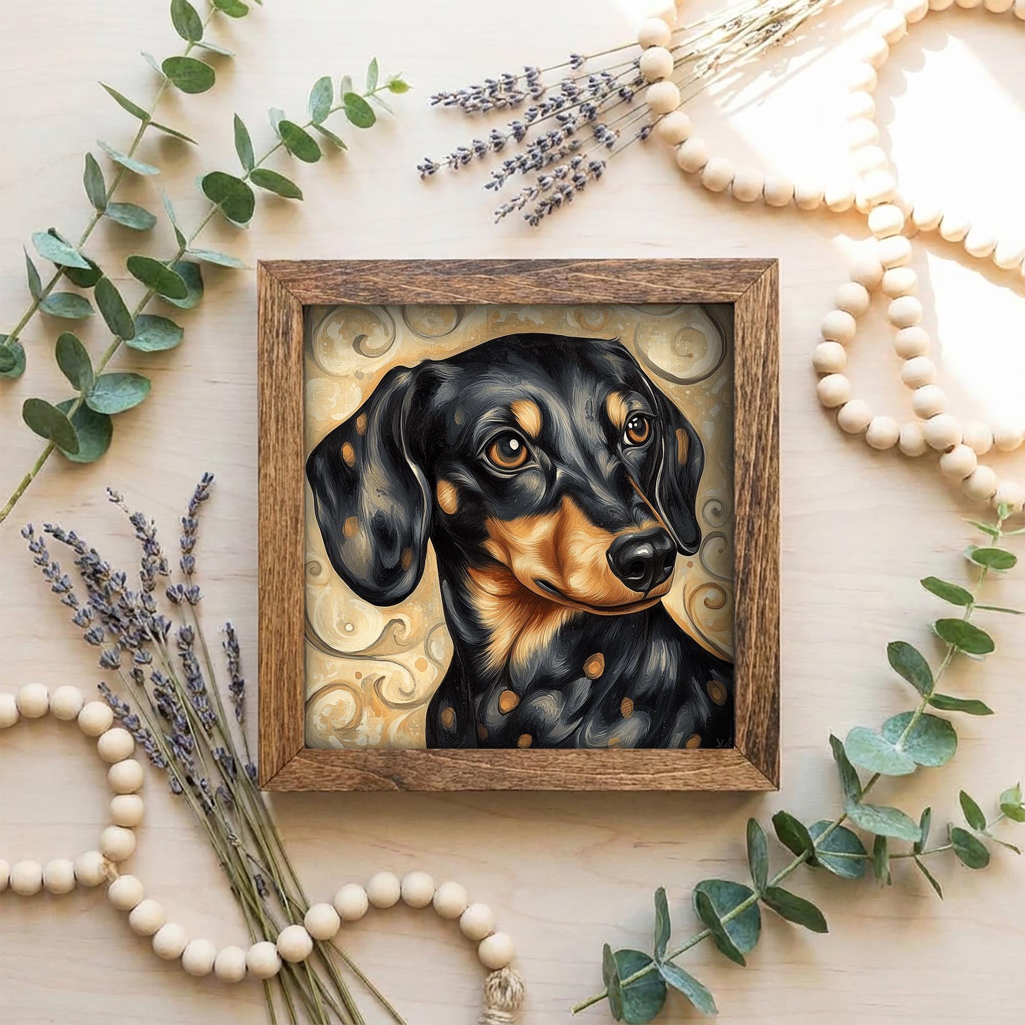Black and tan Dachshund Dog Framed Art, Watercolor Dachshund Portrait, 5.5 Inch Shelf Decor with Easel, Dog Lover Gift