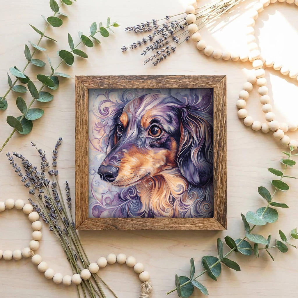 Dapple Dachshund Dog Framed Art, Watercolor Dachshund Portrait, 5.5 Inch Shelf Decor with Easel, Dog Lover Gift