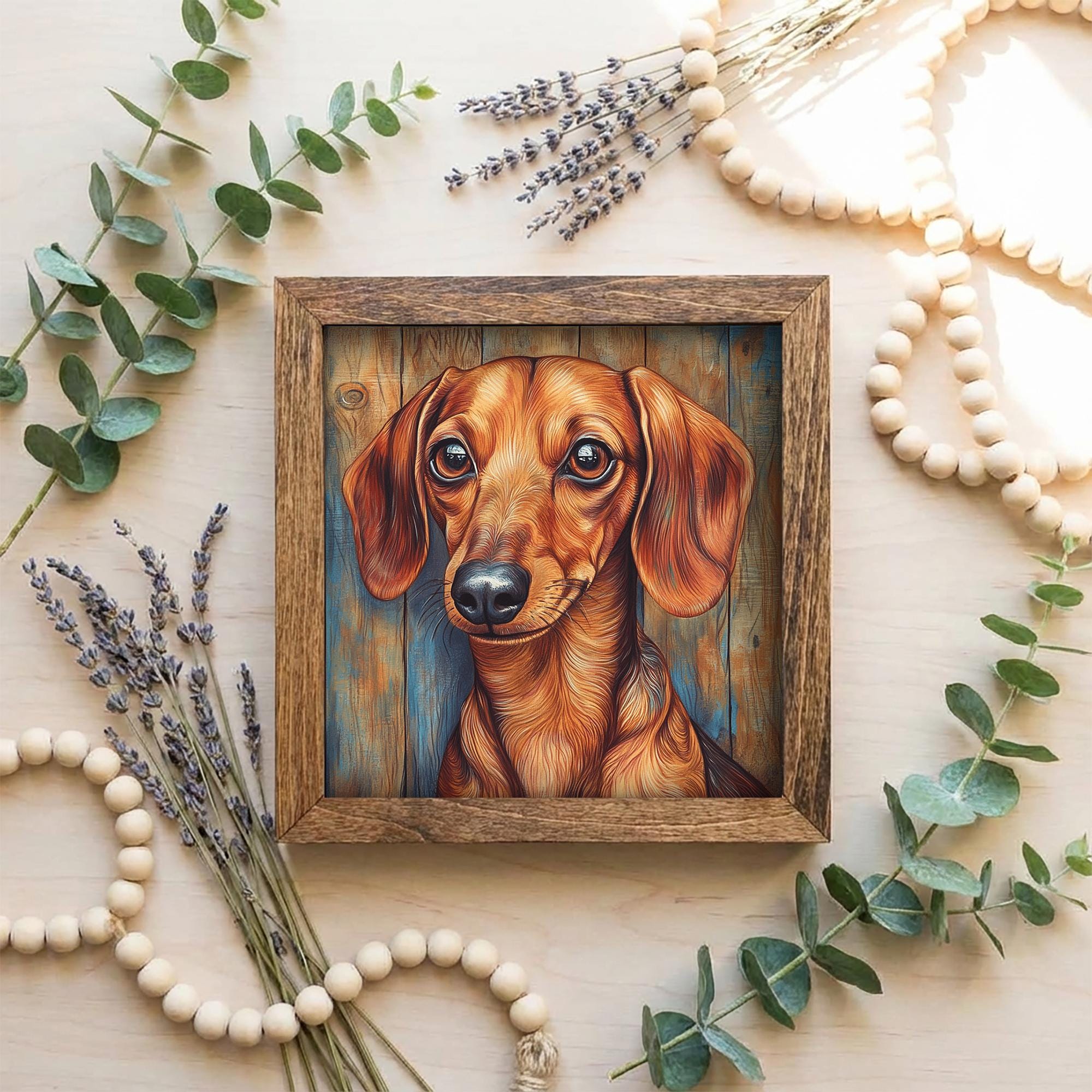 Red Dachshund Dog Framed Art, Watercolor Dachshund Portrait, 5.5 Inch Shelf Decor with Easel, Dog Lover Gift