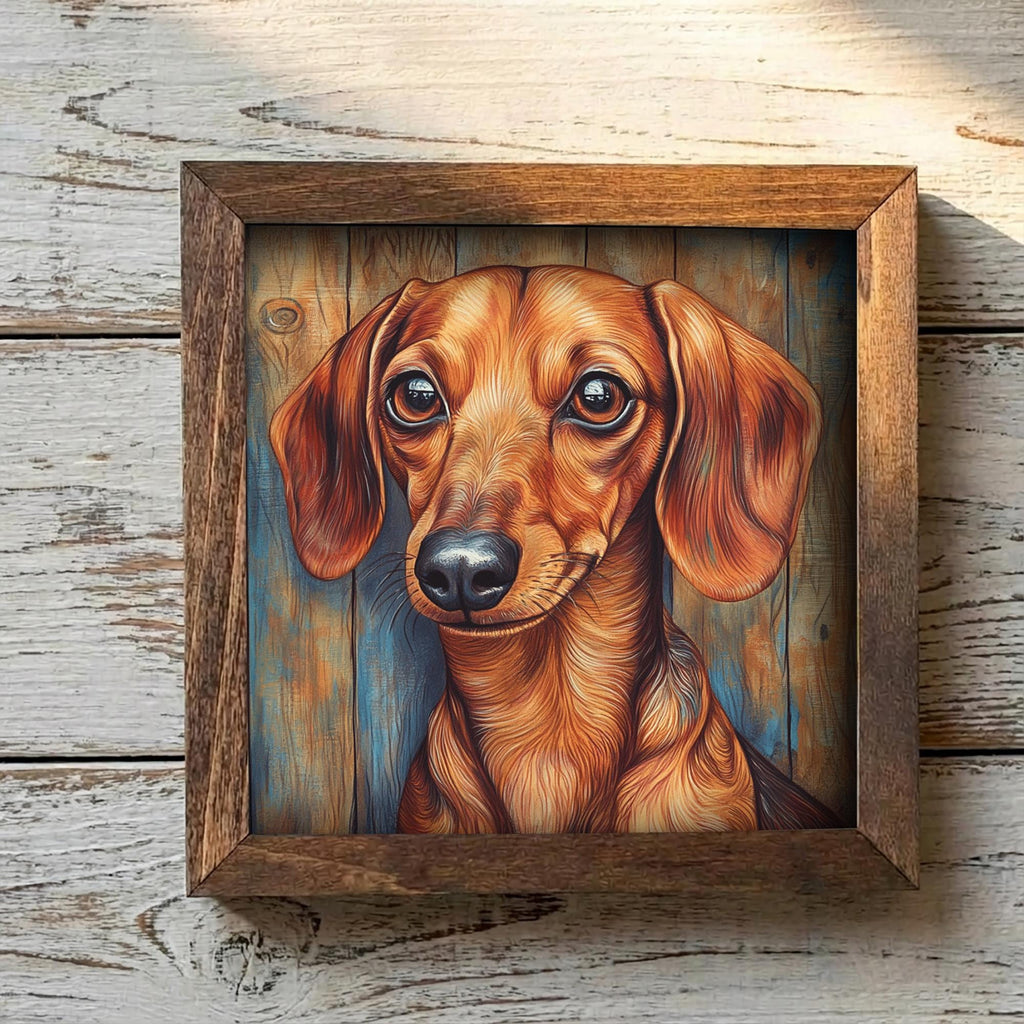 Red Dachshund Dog Framed Art, Watercolor Dachshund Portrait, 5.5 Inch Shelf Decor with Easel, Dog Lover Gift