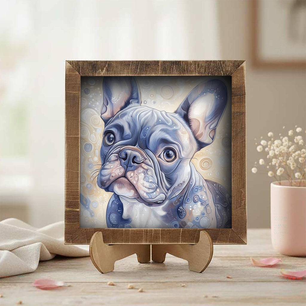 Blue-gray French Bulldog Dog Framed Art, Watercolor French Bulldog Portrait, 5.5 Inch Shelf Decor with Easel, Dog Lover Gift