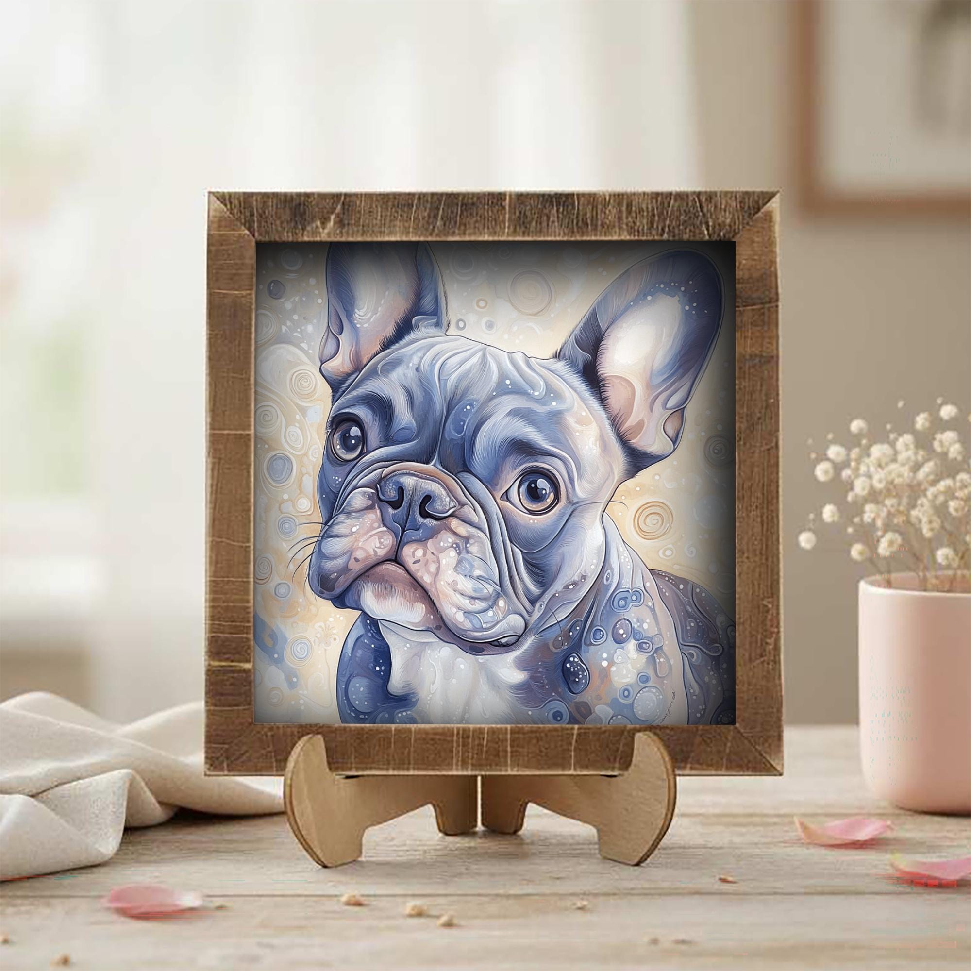 Blue-gray French Bulldog Dog Framed Art, Watercolor French Bulldog Portrait, 5.5 Inch Shelf Decor with Easel, Dog Lover Gift