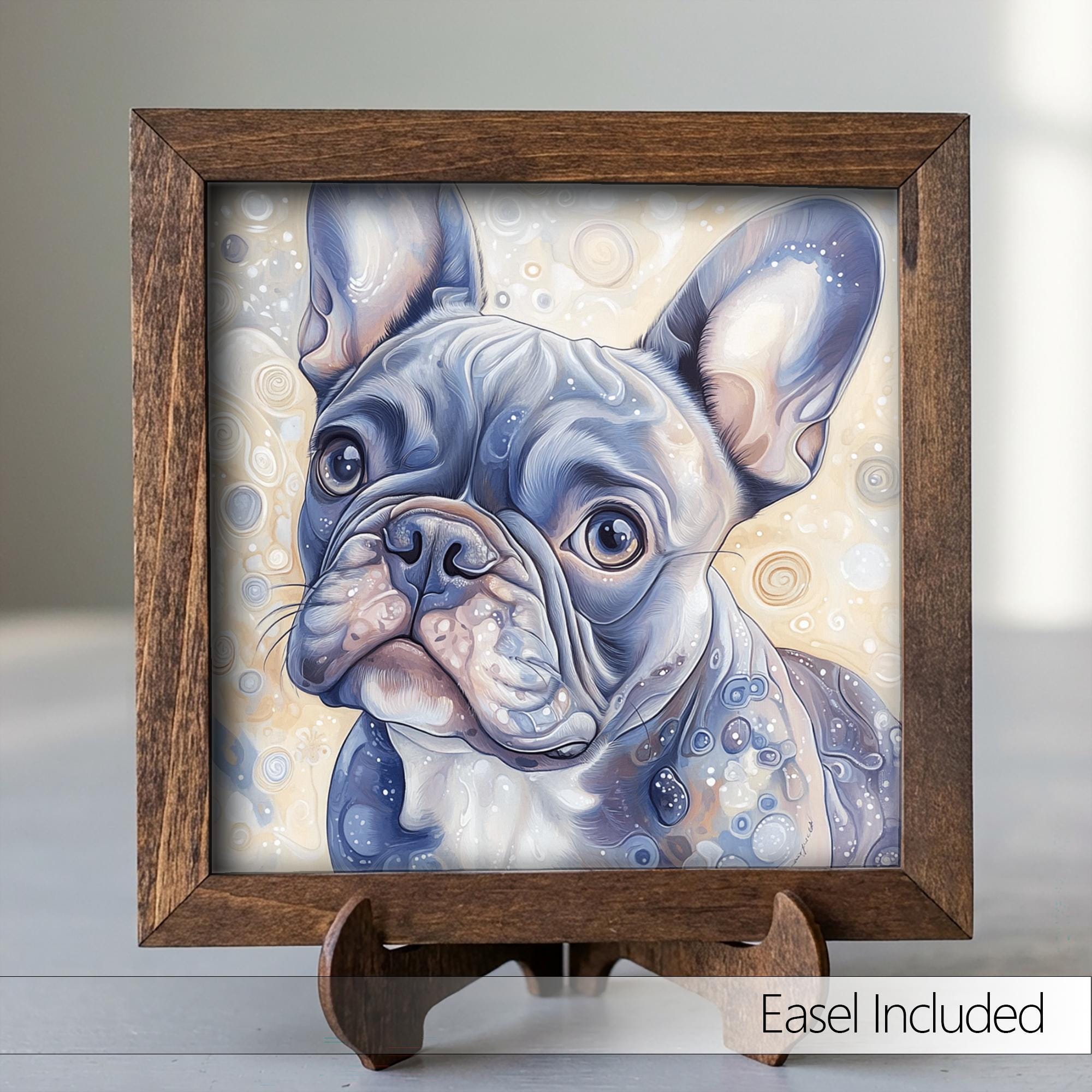 Blue-gray French Bulldog Dog Framed Art, Watercolor French Bulldog Portrait, 5.5 Inch Shelf Decor with Easel, Dog Lover Gift
