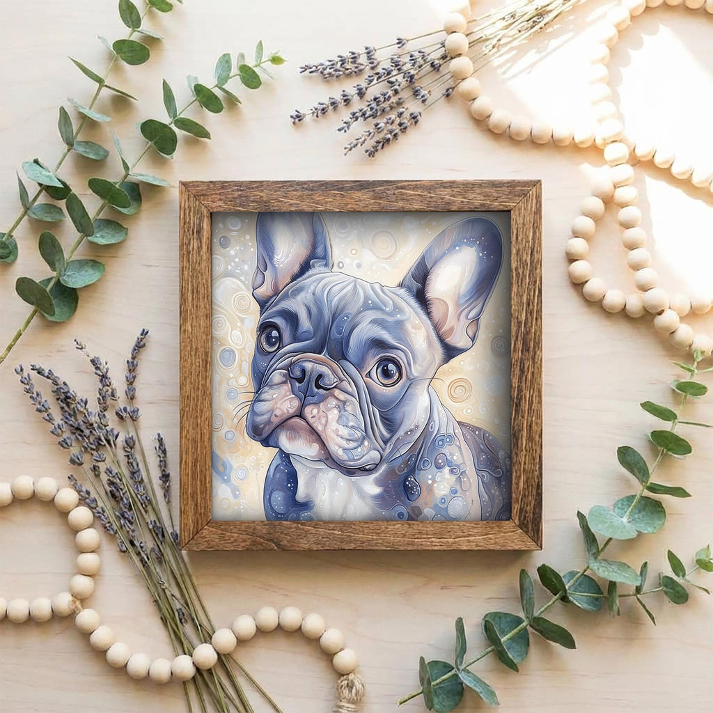 Blue-gray French Bulldog Dog Framed Art, Watercolor French Bulldog Portrait, 5.5 Inch Shelf Decor with Easel, Dog Lover Gift