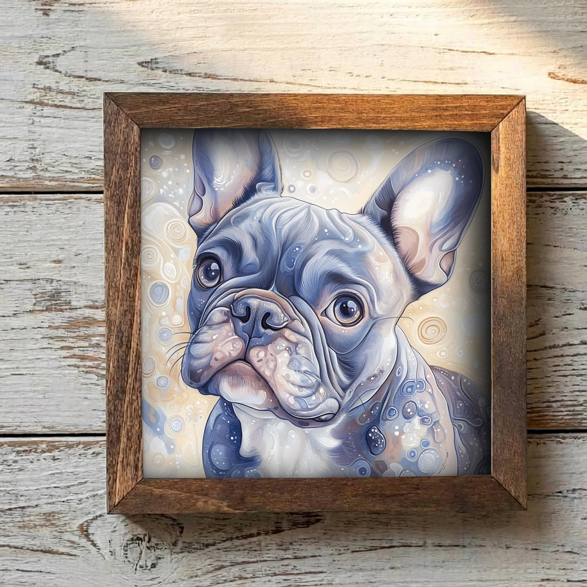 Blue-gray French Bulldog Dog Framed Art, Watercolor French Bulldog Portrait, 5.5 Inch Shelf Decor with Easel, Dog Lover Gift