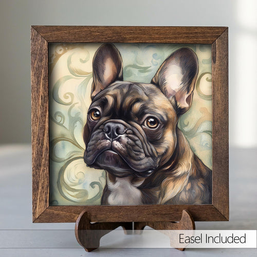 Brindle French Bulldog Dog Framed Art, Watercolor French Bulldog Portrait, 5.5 Inch Shelf Decor with Easel, Dog Lover Gift