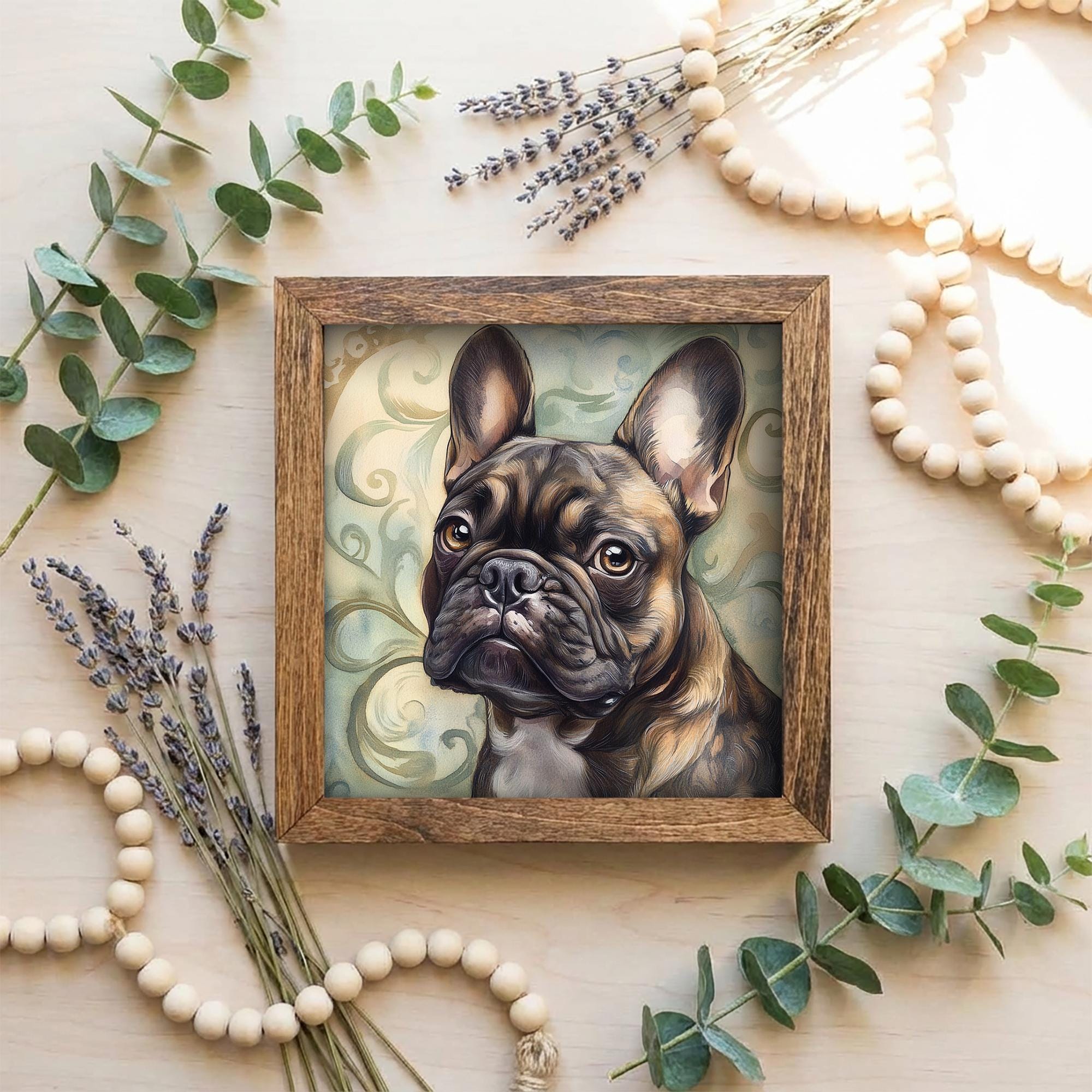 Brindle French Bulldog Dog Framed Art, Watercolor French Bulldog Portrait, 5.5 Inch Shelf Decor with Easel, Dog Lover Gift