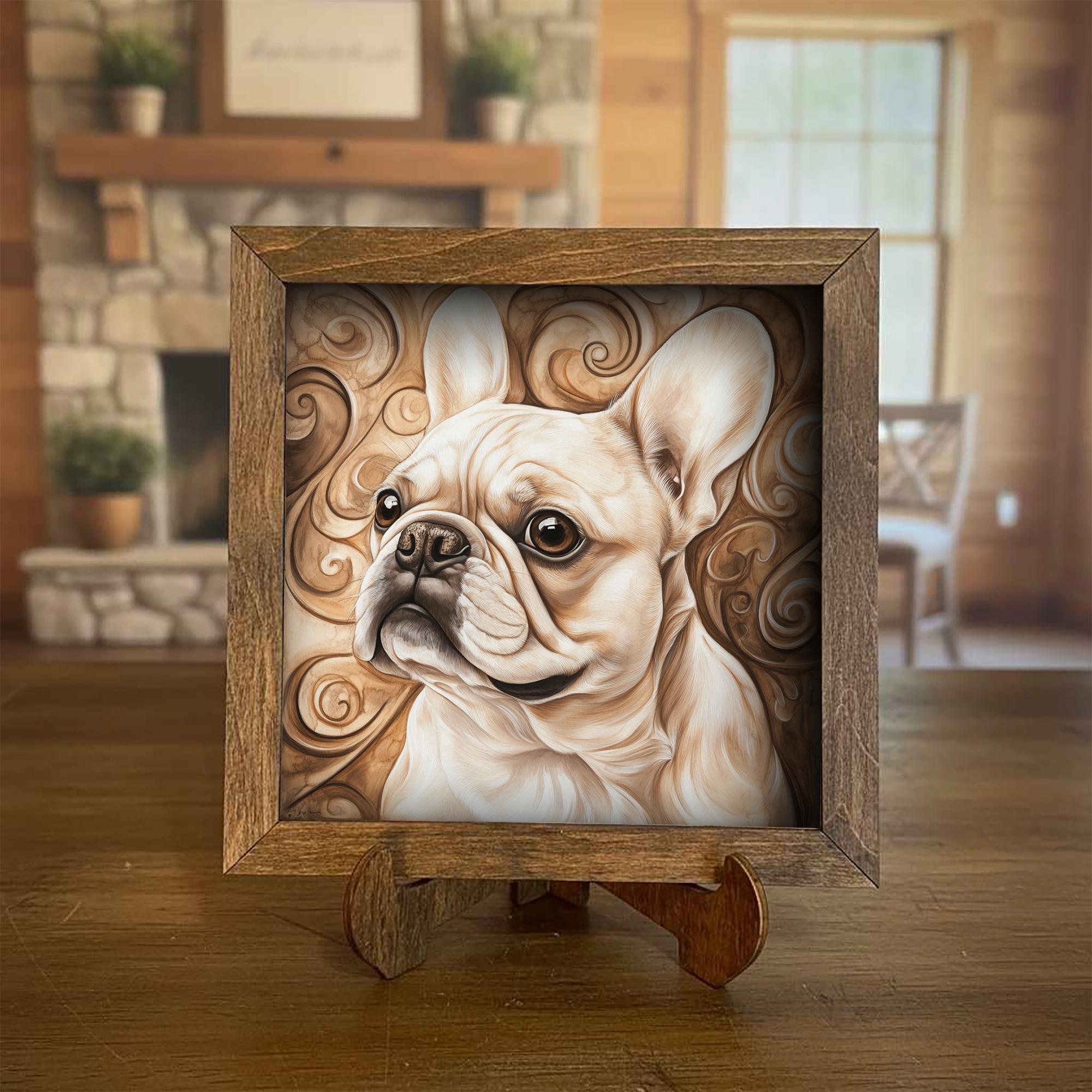 Fawn French Bulldog Dog Framed Art, Watercolor French Bulldog Portrait, 5.5 Inch Shelf Decor with Easel, Dog Lover Gift