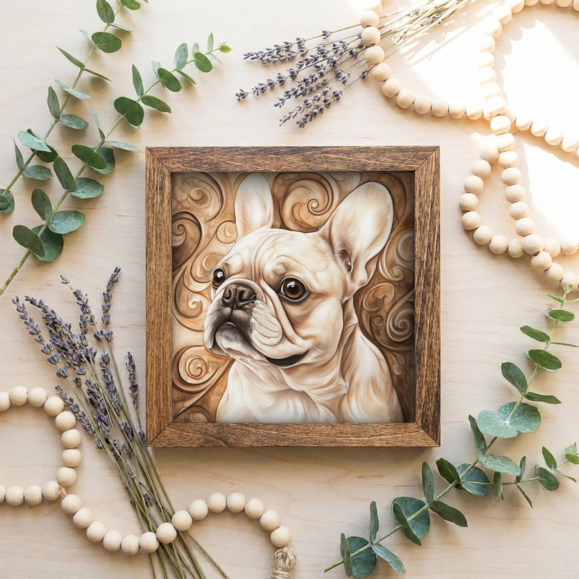 Fawn French Bulldog Dog Framed Art, Watercolor French Bulldog Portrait, 5.5 Inch Shelf Decor with Easel, Dog Lover Gift