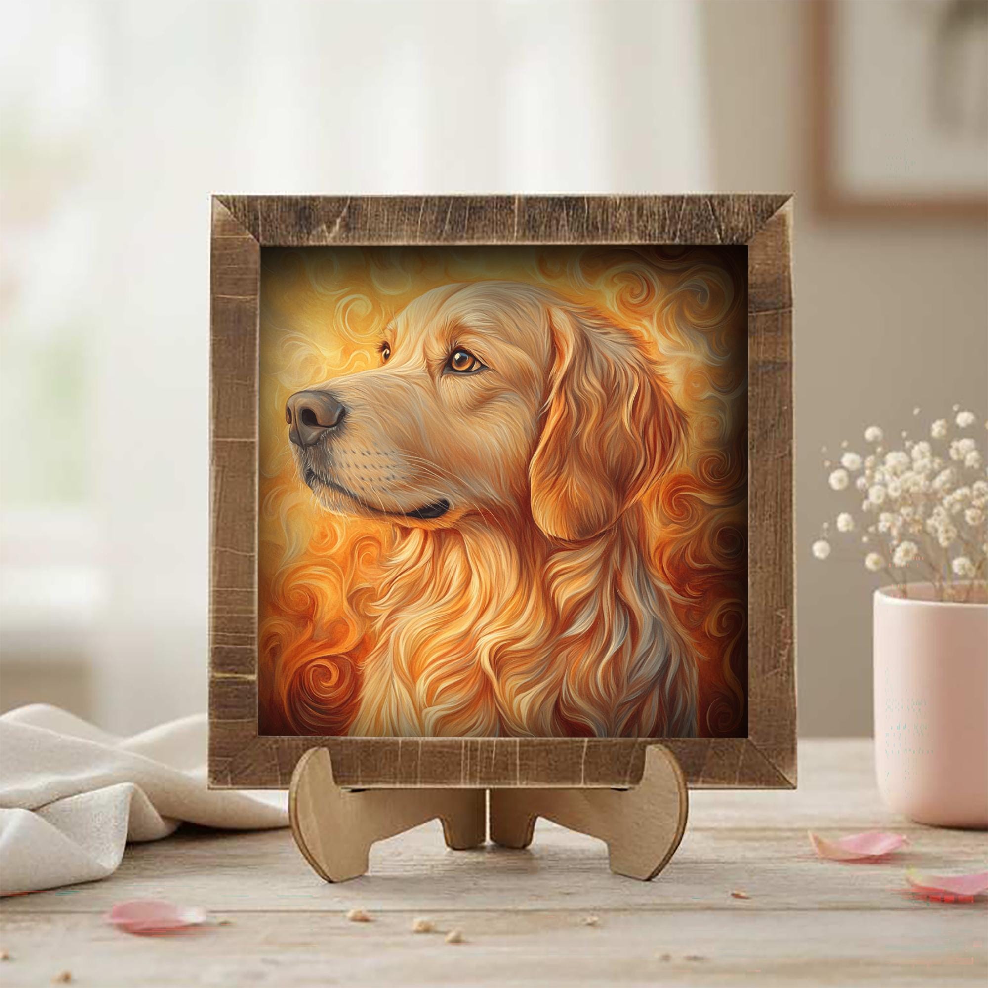 Deep Reddish Gold Golden Retriever Dog Framed Art, Watercolor Golden Retriever Portrait, 5.5 Inch Shelf Decor with Easel, Dog Lover Gift