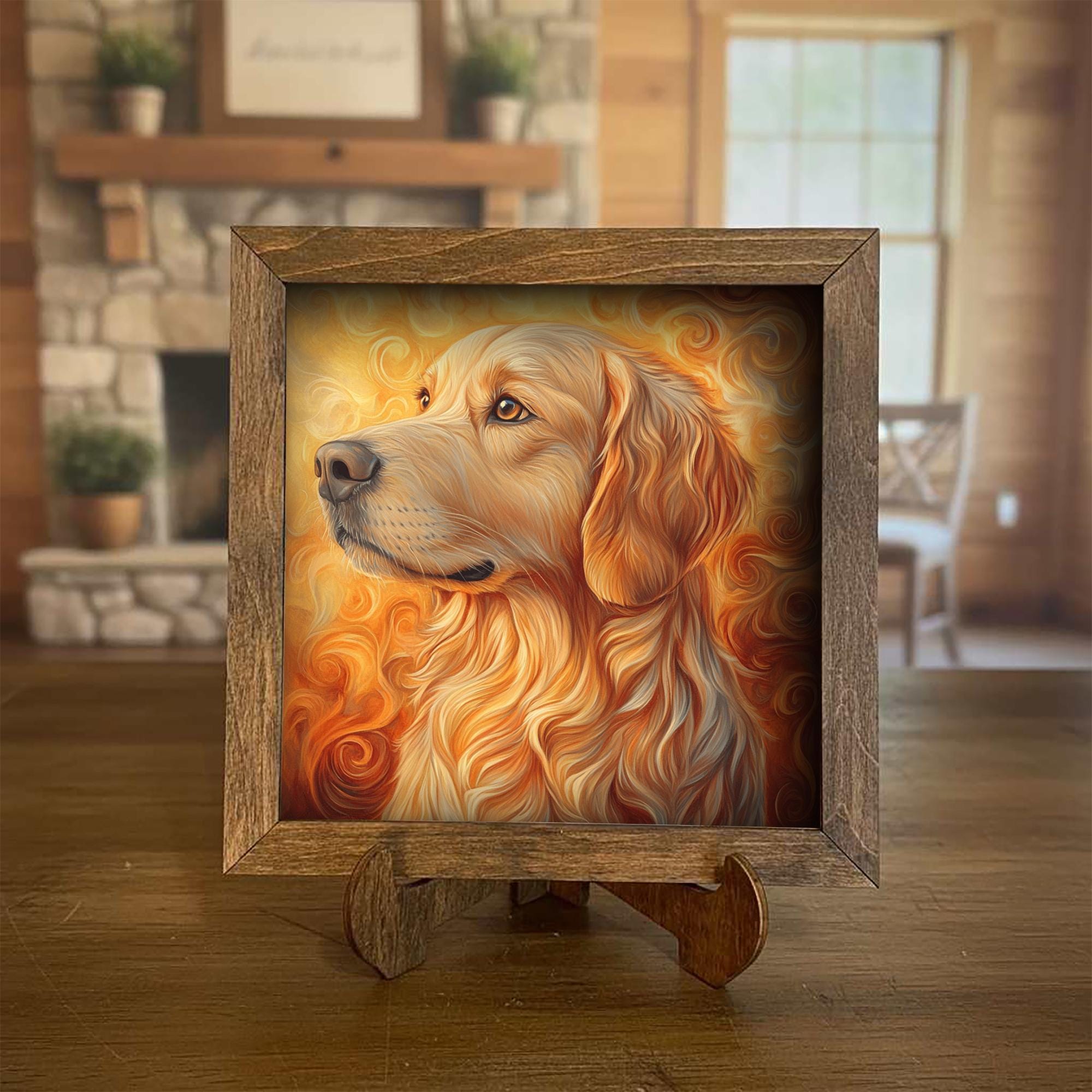 Deep Reddish Gold Golden Retriever Dog Framed Art, Watercolor Golden Retriever Portrait, 5.5 Inch Shelf Decor with Easel, Dog Lover Gift