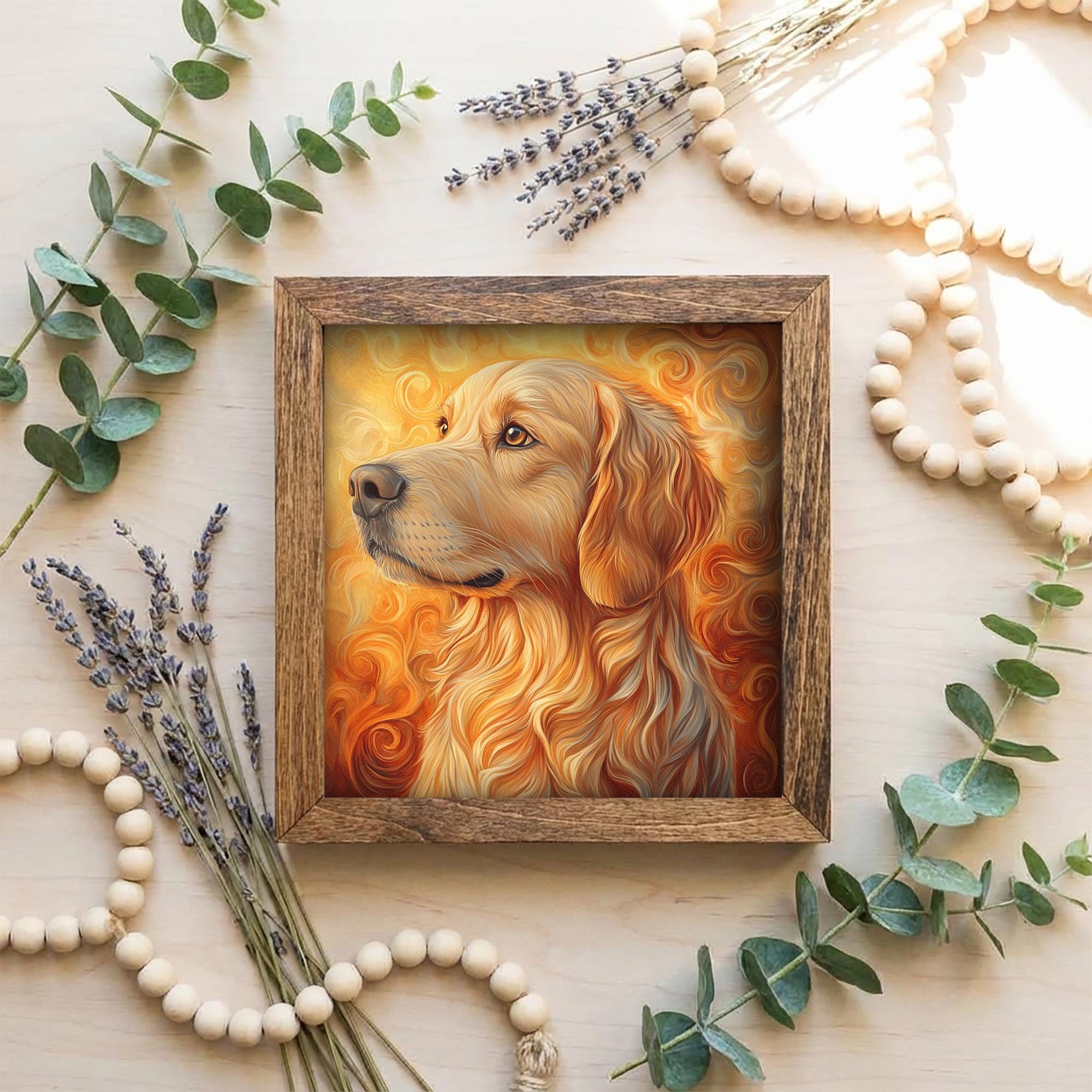 Deep Reddish Gold Golden Retriever Dog Framed Art, Watercolor Golden Retriever Portrait, 5.5 Inch Shelf Decor with Easel, Dog Lover Gift