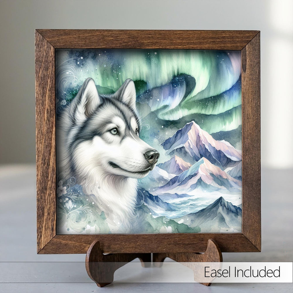 Gray and white Husky Dog Framed Art, Watercolor Husky Portrait, 5.5 Inch Shelf Decor with Easel, Dog Lover Gift