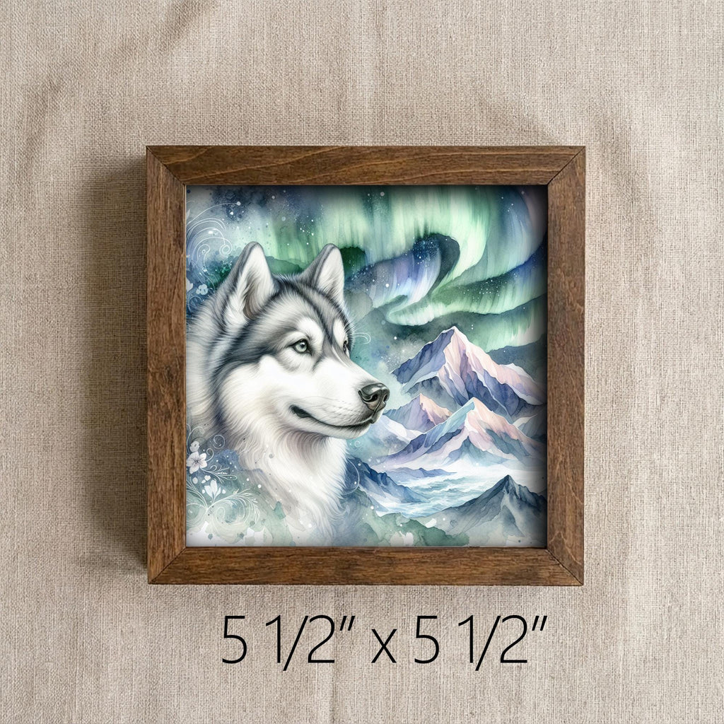 Gray and white Husky Dog Framed Art, Watercolor Husky Portrait, 5.5 Inch Shelf Decor with Easel, Dog Lover Gift