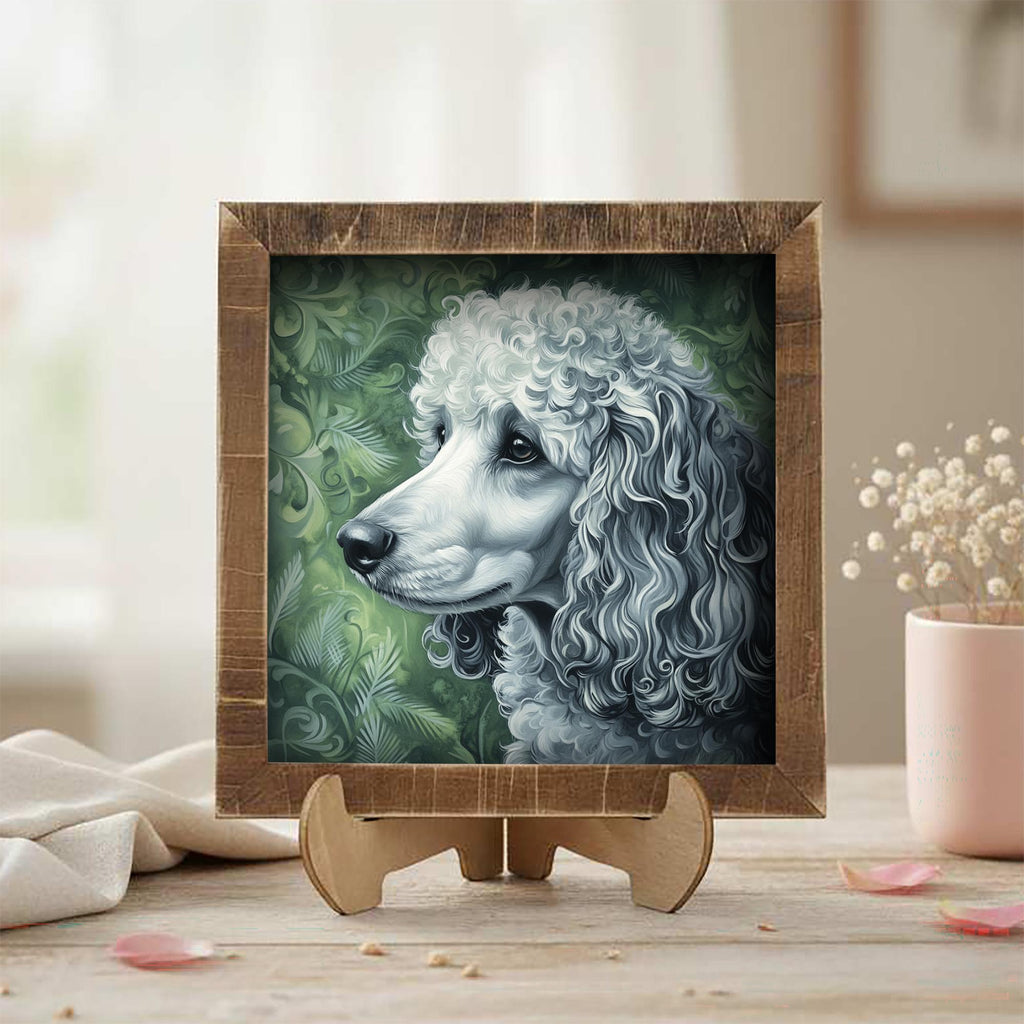 Silver Poodle Dog Framed Art, Watercolor Husky Portrait, 5.5 Inch Shelf Decor with Easel, Dog Lover Gift