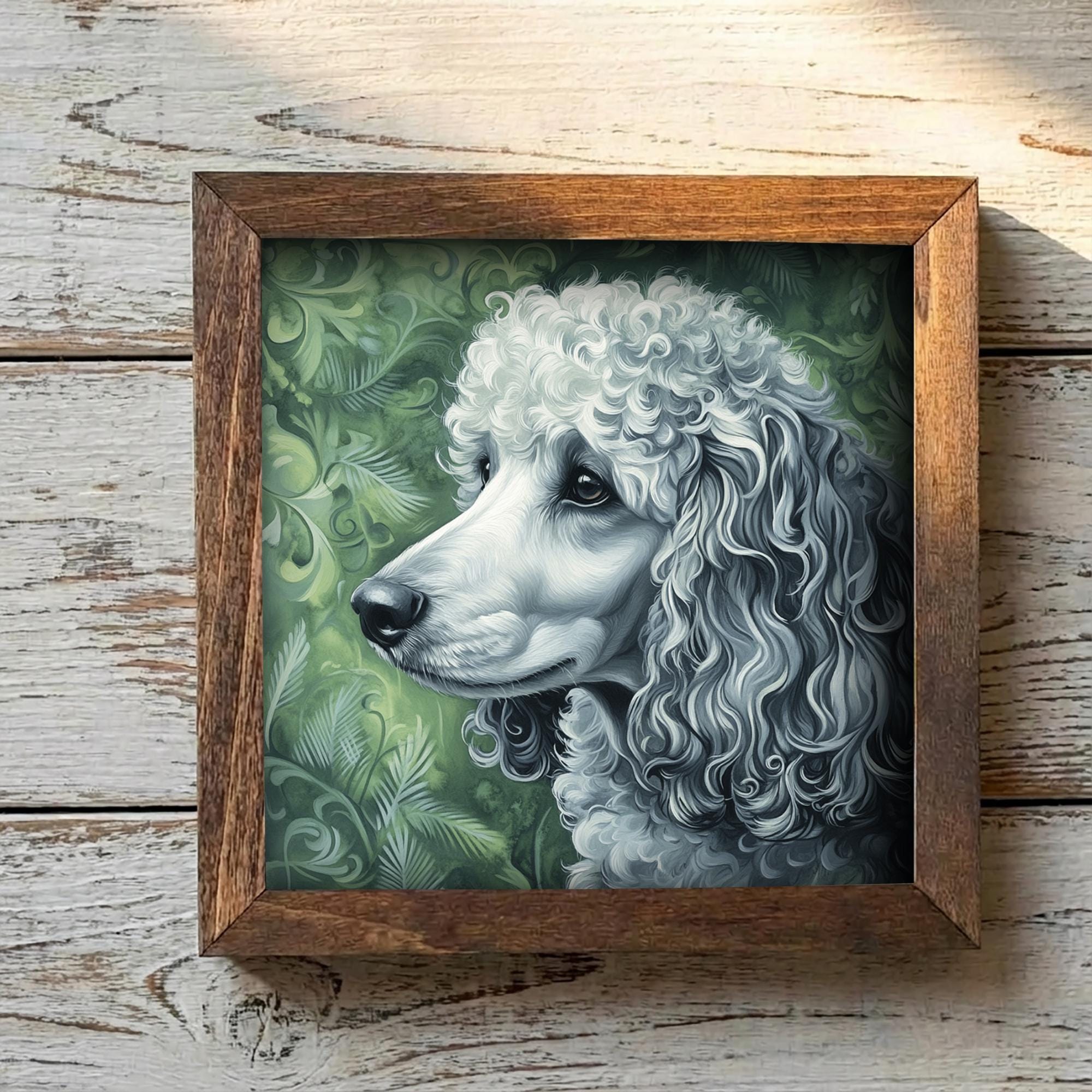 Silver Poodle Dog Framed Art, Watercolor Husky Portrait, 5.5 Inch Shelf Decor with Easel, Dog Lover Gift