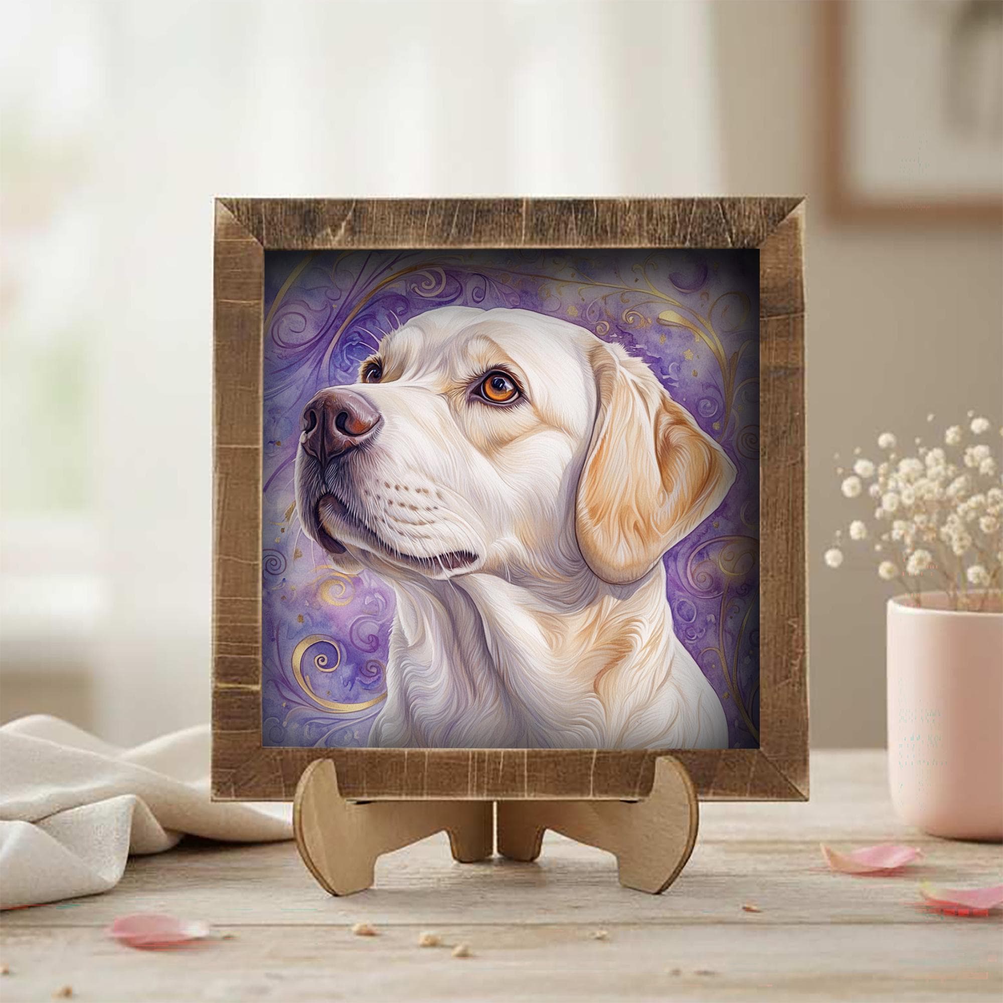 Yellow Laborador Retriever Dog Framed Art, Watercolor Golden Retriever Portrait, 5.5 Inch Shelf Decor with Easel, Dog Lover Gift