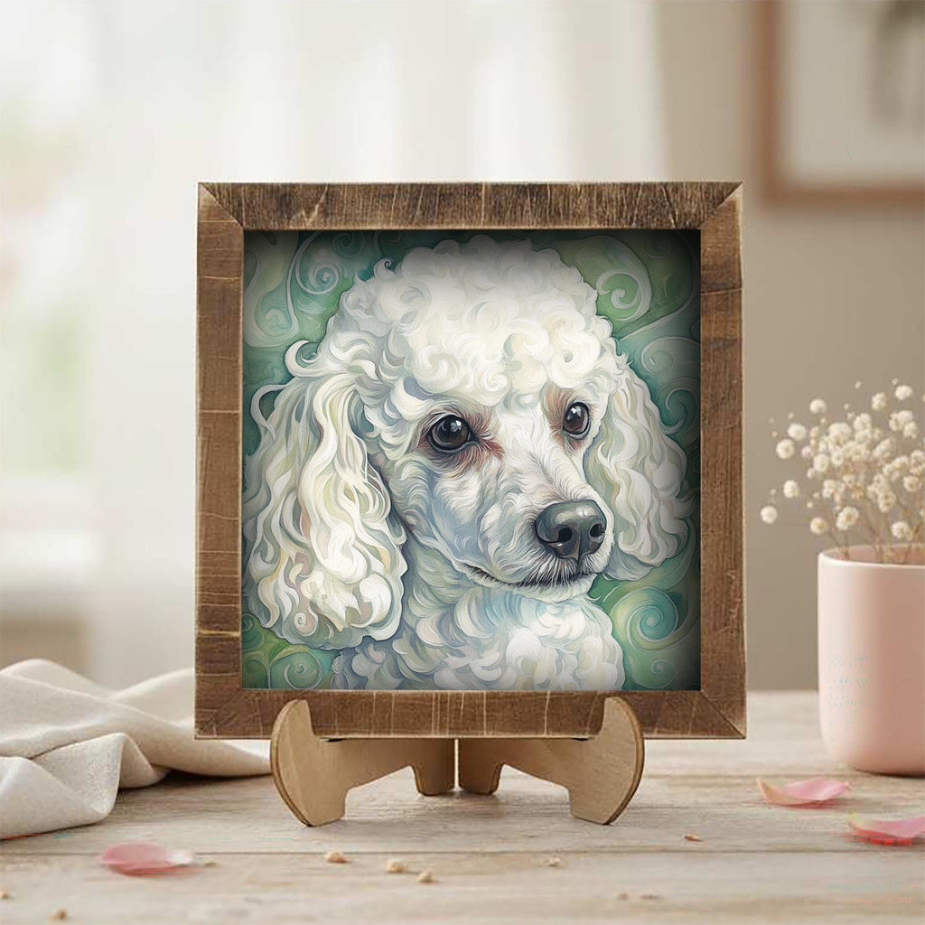 White Poodle Dog Framed Art, Watercolor Husky Portrait, 5.5 Inch Shelf Decor with Easel, Dog Lover Gift