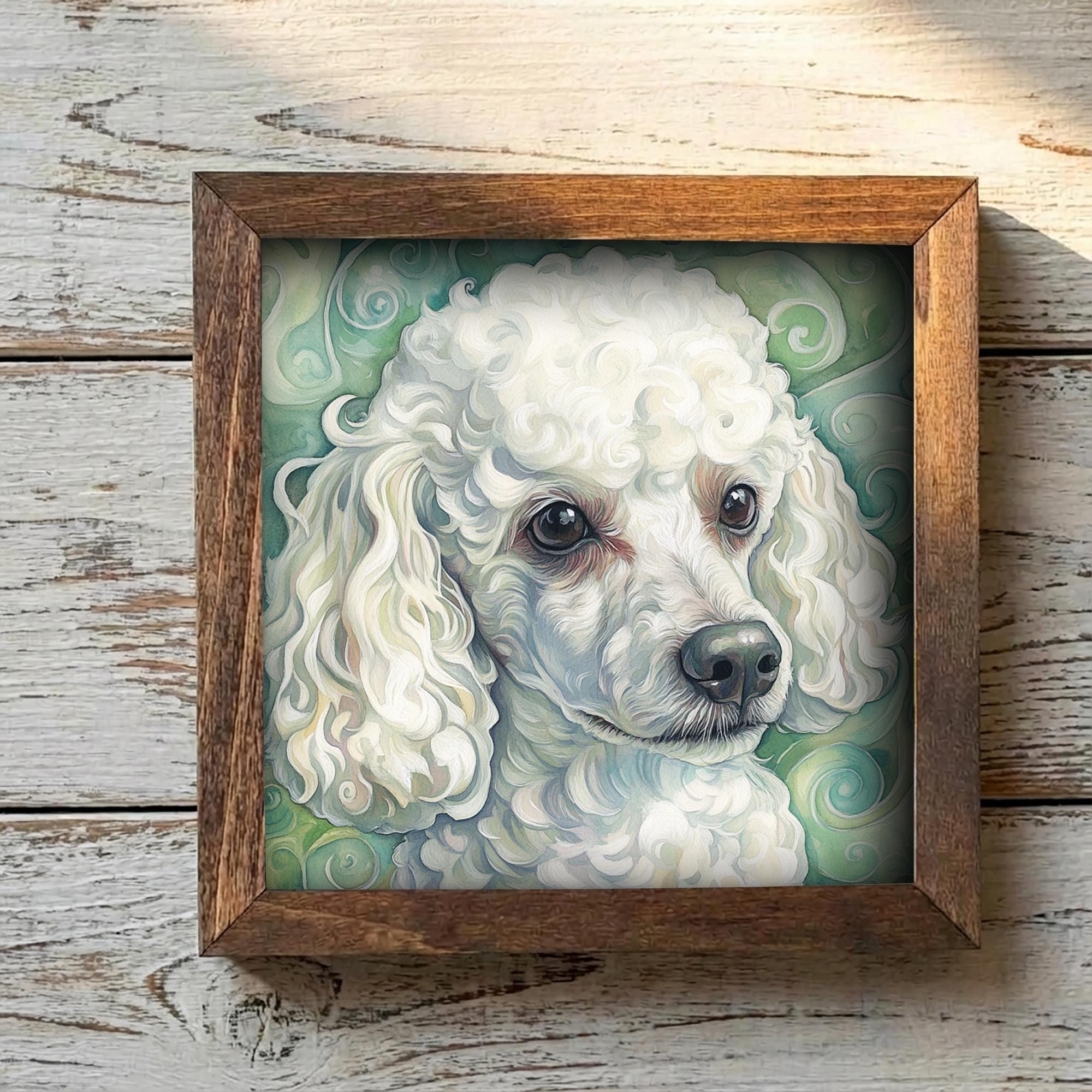 White Poodle Dog Framed Art, Watercolor Husky Portrait, 5.5 Inch Shelf Decor with Easel, Dog Lover Gift