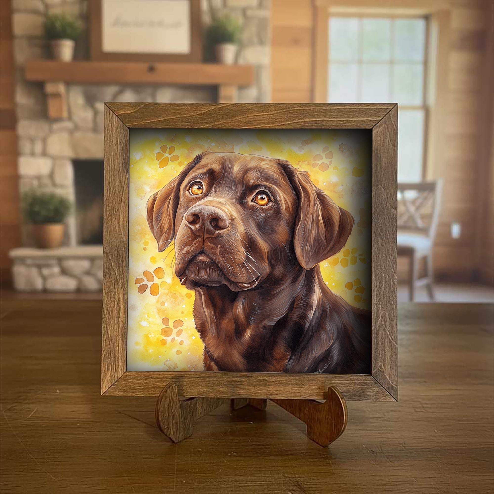 Chocolate Laborador Retriever Dog Framed Art, Watercolor Golden Retriever Portrait, 5.5 Inch Shelf Decor with Easel, Dog Lover Gift