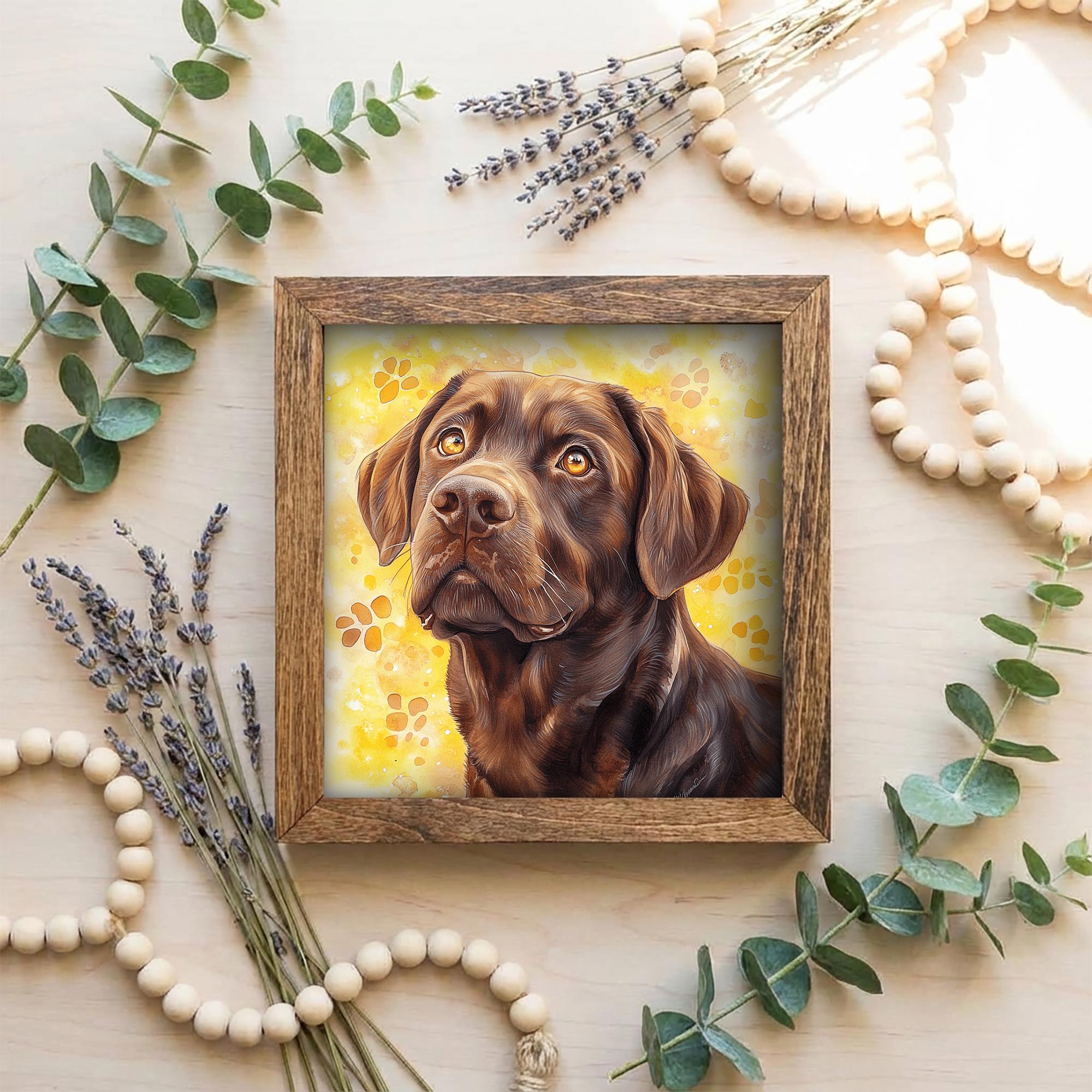 Chocolate Laborador Retriever Dog Framed Art, Watercolor Golden Retriever Portrait, 5.5 Inch Shelf Decor with Easel, Dog Lover Gift