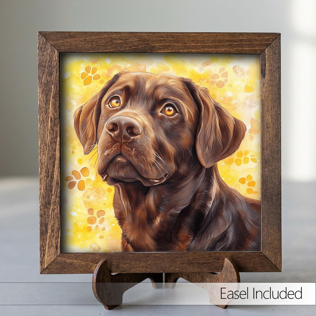 Chocolate Laborador Retriever Dog Framed Art, Watercolor Golden Retriever Portrait, 5.5 Inch Shelf Decor with Easel, Dog Lover Gift