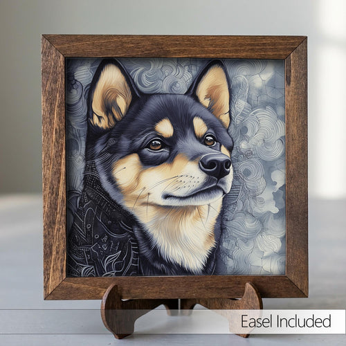 Black and Tan Shiba Inu Dog Framed Art, Watercolor Shiba Inu Portrait, 5.5 Inch Shelf Decor with Easel, Dog Lover Gift