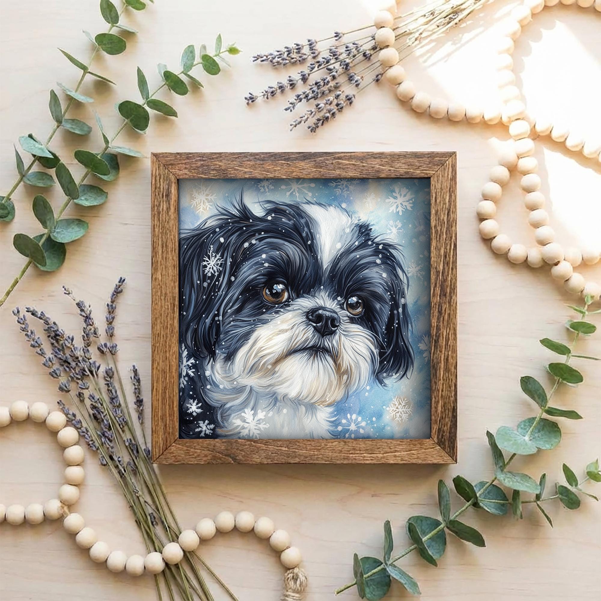 Black and White Shih Tzu Dog Framed Art, WatercolorPortrait, 5.5 Inch Shelf Decor, Dog Lover Gift