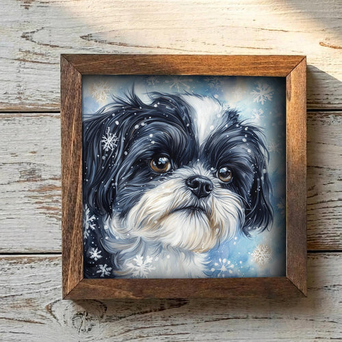 Black and White Shih Tzu Dog Framed Art, WatercolorPortrait, 5.5 Inch Shelf Decor, Dog Lover Gift