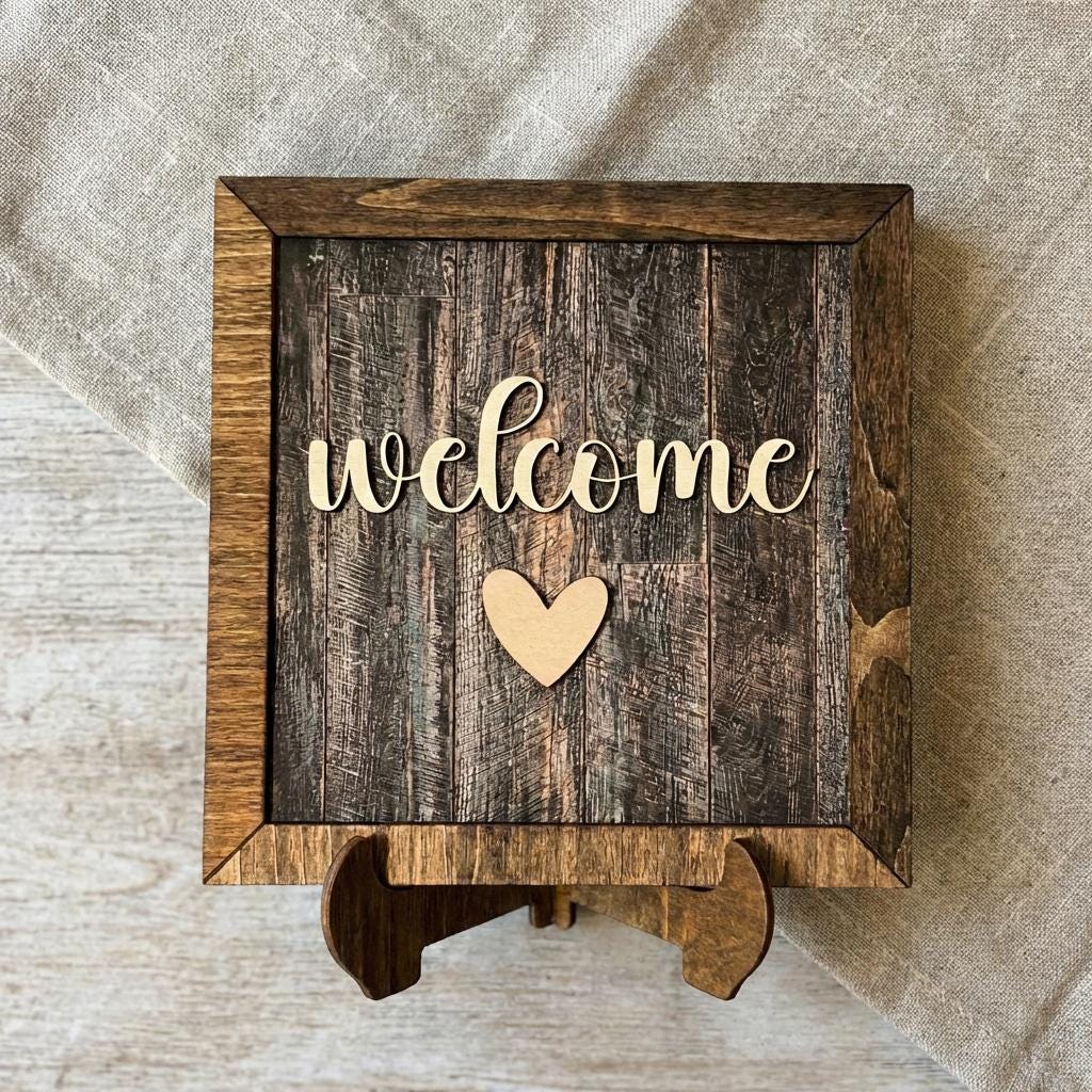 Welcome Framed Wood Sign, Rustic Farmhouse Decor, Layered Wood Wall Art or Shelf Decor, Housewarming Gift