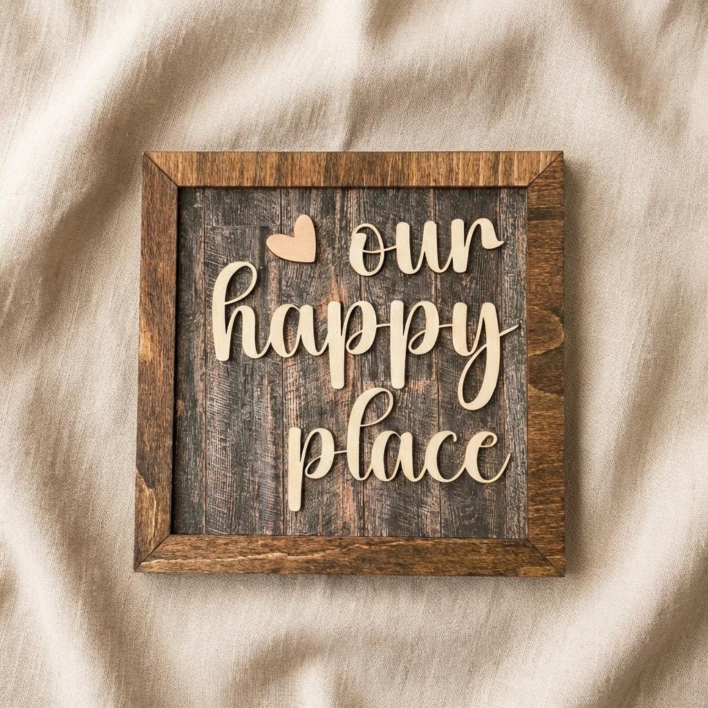 Our Happy Place Framed Wood Sign, Rustic Farmhouse Decor, Layered Wood Wall Art or Shelf Decor, Housewarming Gift