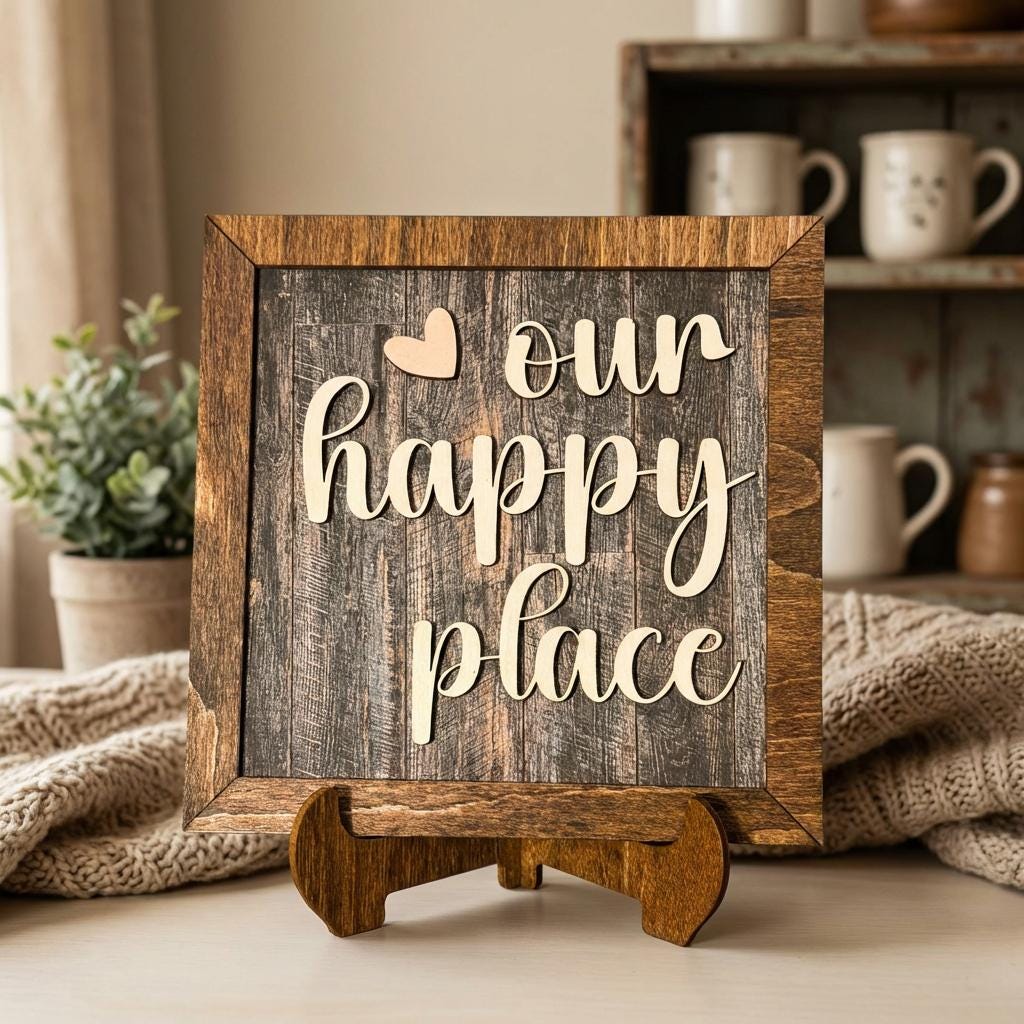 Our Happy Place Framed Wood Sign, Rustic Farmhouse Decor, Layered Wood Wall Art or Shelf Decor, Housewarming Gift
