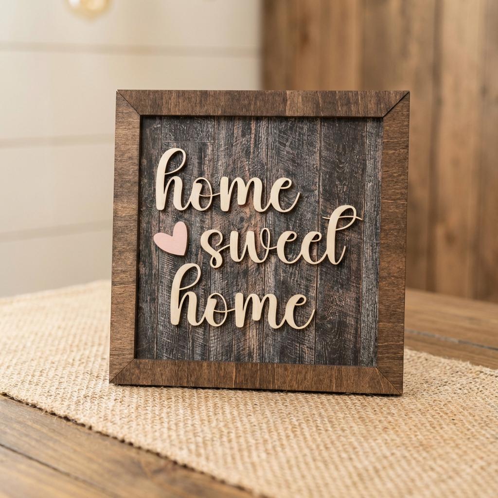 Home Sweet Home Framed Wood Sign, Rustic Farmhouse Decor, Layered Wood Wall Art or Shelf Decor, Housewarming Gift