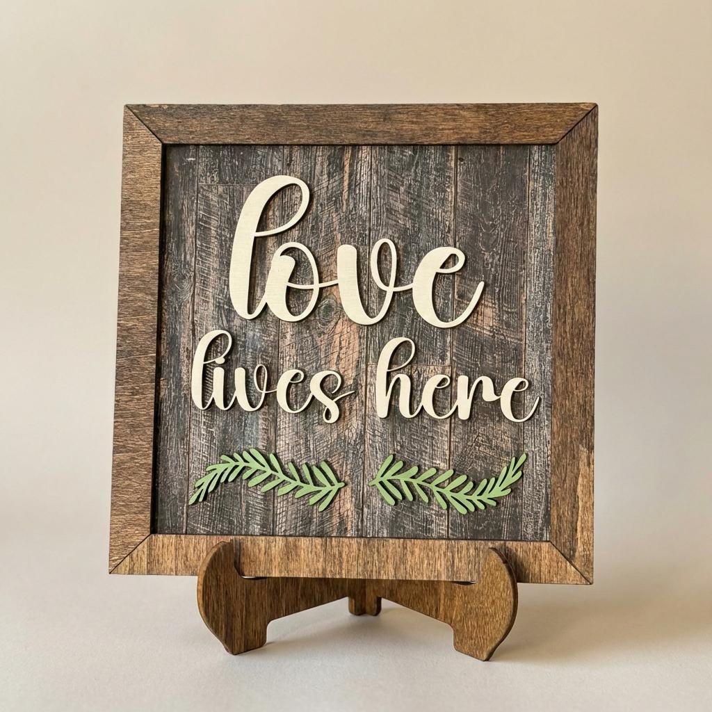 Love Lives Here Framed Wood Sign, Rustic Farmhouse Decor, Layered Wood Wall Art or Shelf Decor, Housewarming Gift