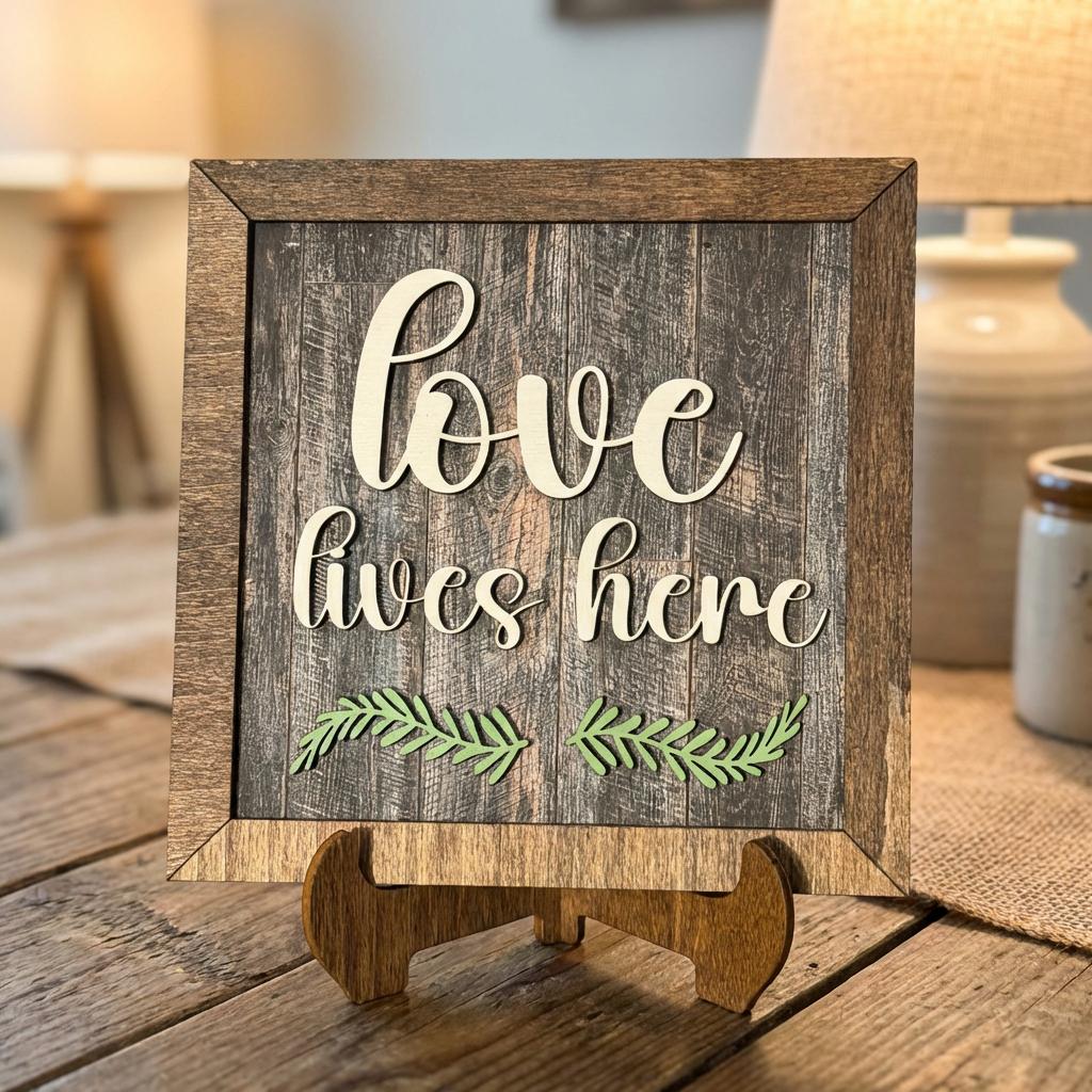 Love Lives Here Framed Wood Sign, Rustic Farmhouse Decor, Layered Wood Wall Art or Shelf Decor, Housewarming Gift