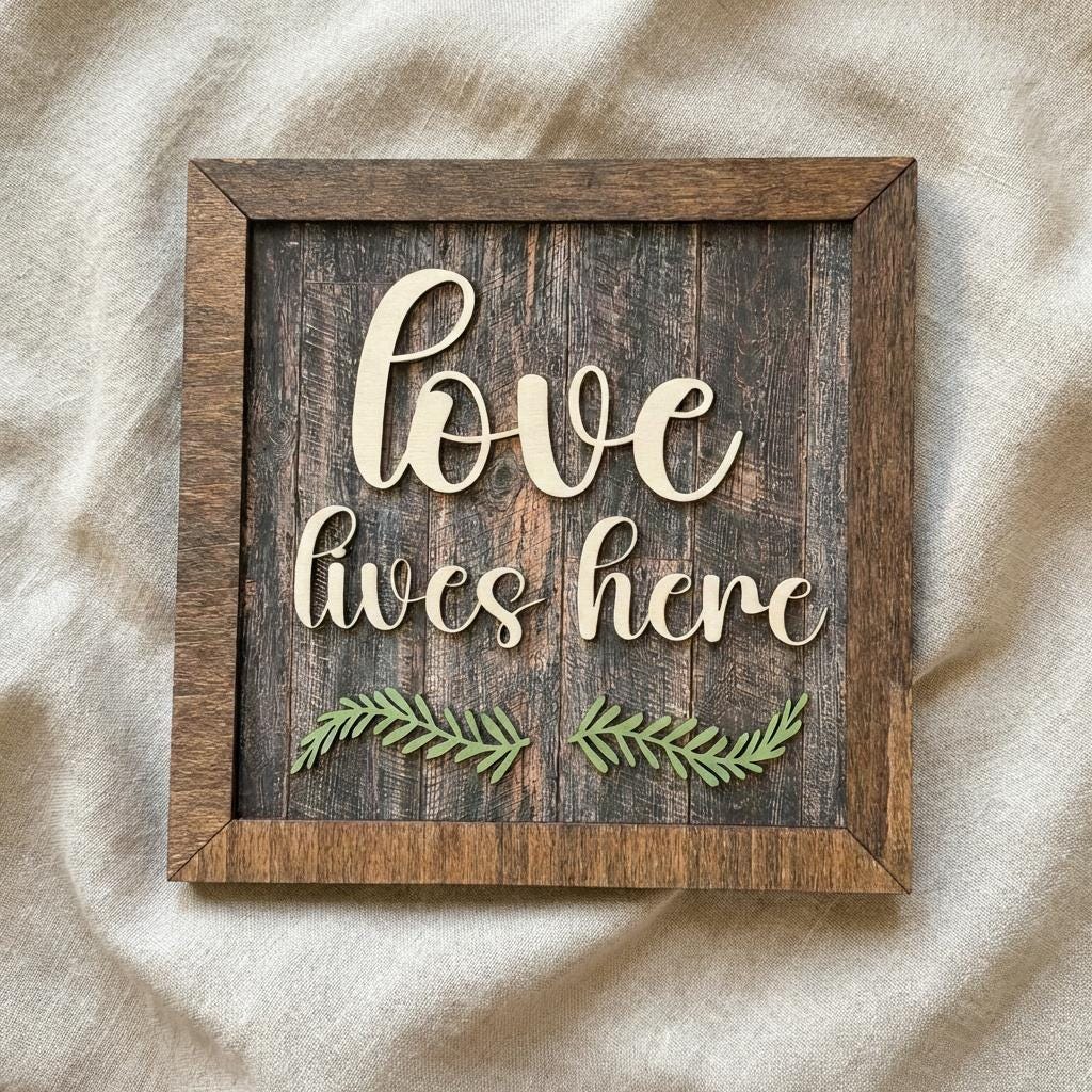 Love Lives Here Framed Wood Sign, Rustic Farmhouse Decor, Layered Wood Wall Art or Shelf Decor, Housewarming Gift