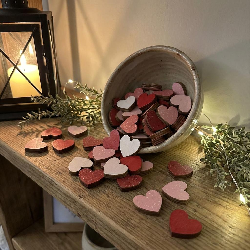 Mini Wooden Heart Decor – Set of 7 – Rustic Romantic / Love Shelf & Bowl Filler