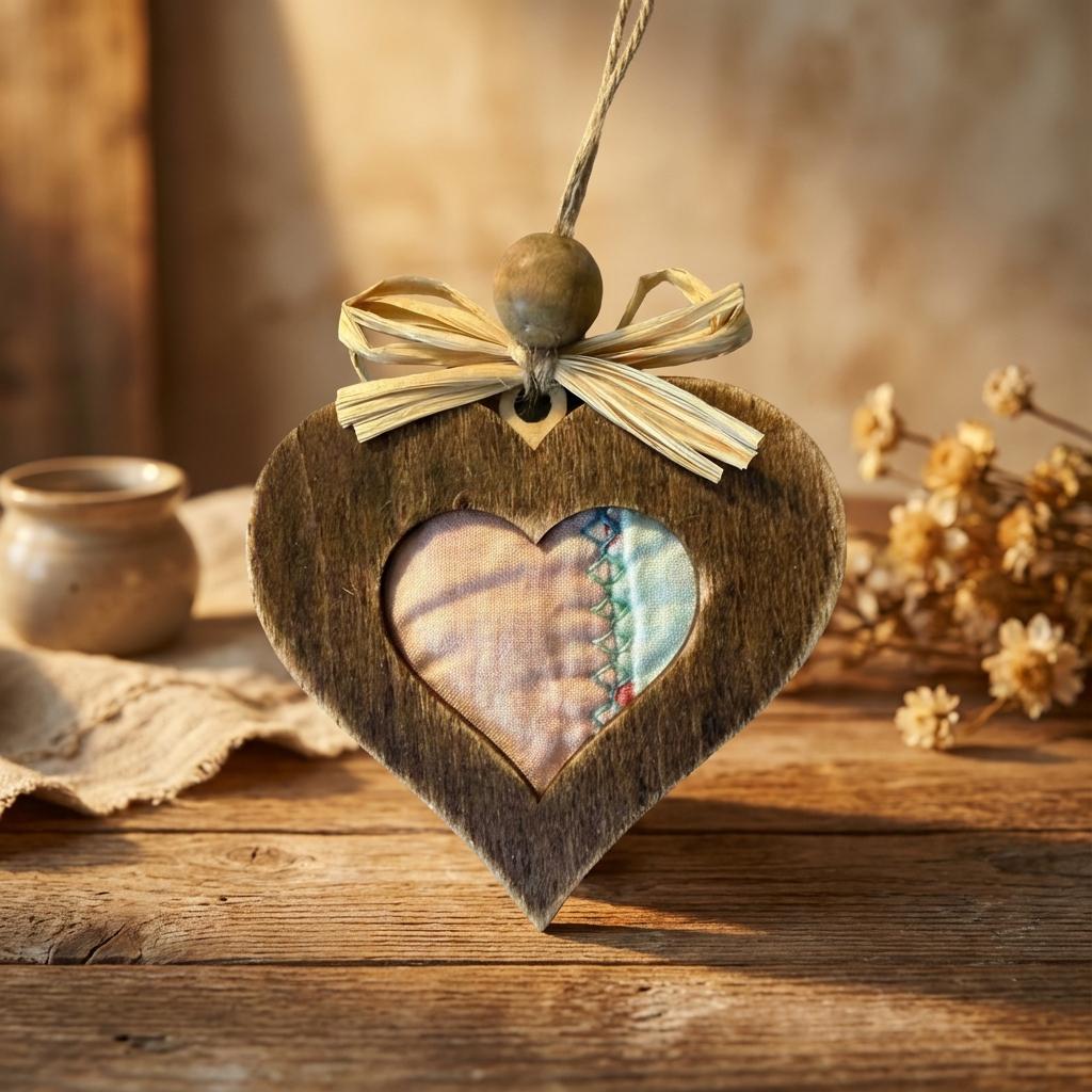 Reclaimed Quilt Heart Ornament – Rustic Fabric Heart – Handmade Valentine Ornament – Farmhouse Heart Deco