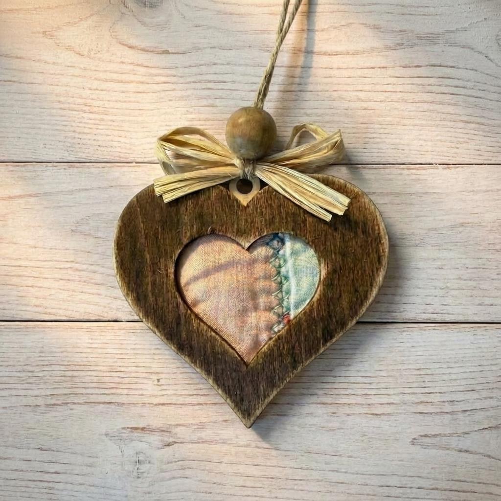 Reclaimed Quilt Heart Ornament – Rustic Fabric Heart – Handmade Valentine Ornament – Farmhouse Heart Deco