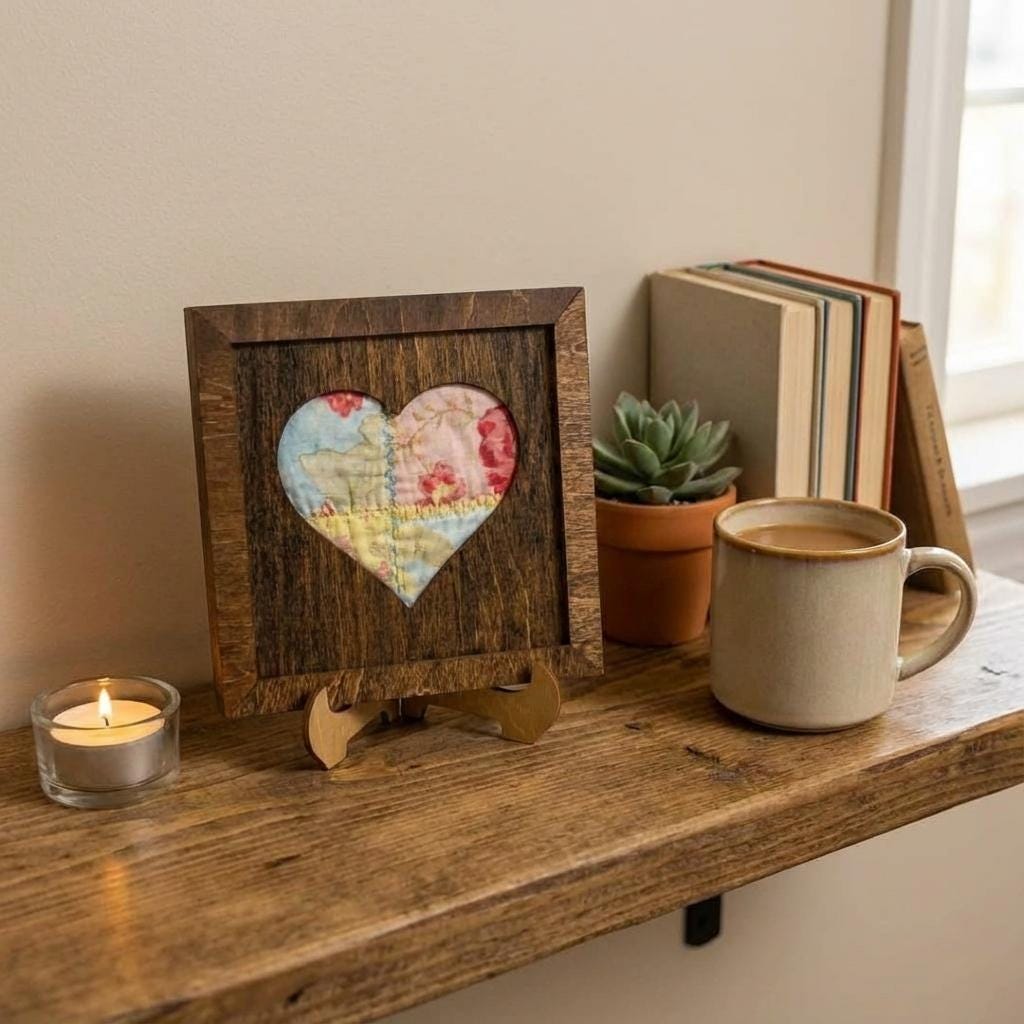 Reclaimed Quilt Heart Wood Sign and Easel – 5.5 Inch Rustic Valentine Decor – Handmade Quilt Fabric Heart – Farmhouse Home Decor